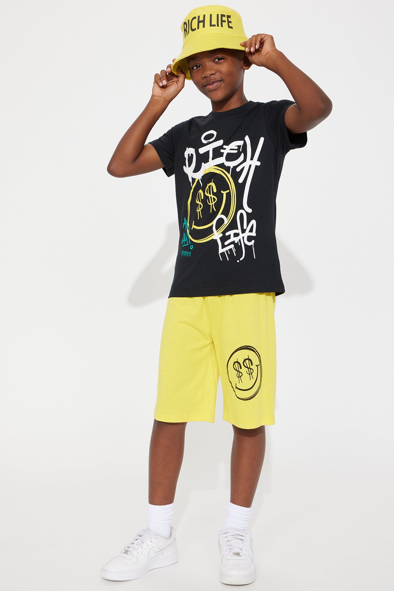Mini Rich Life Short Set With Bucket Hat - Black/Yellow
