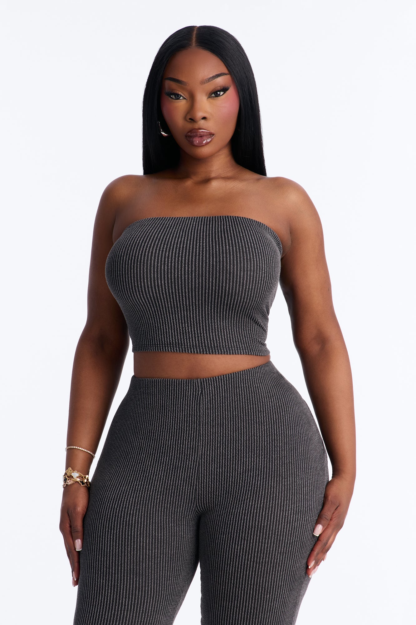 Reya Ribbed Pant Set - Charcoal