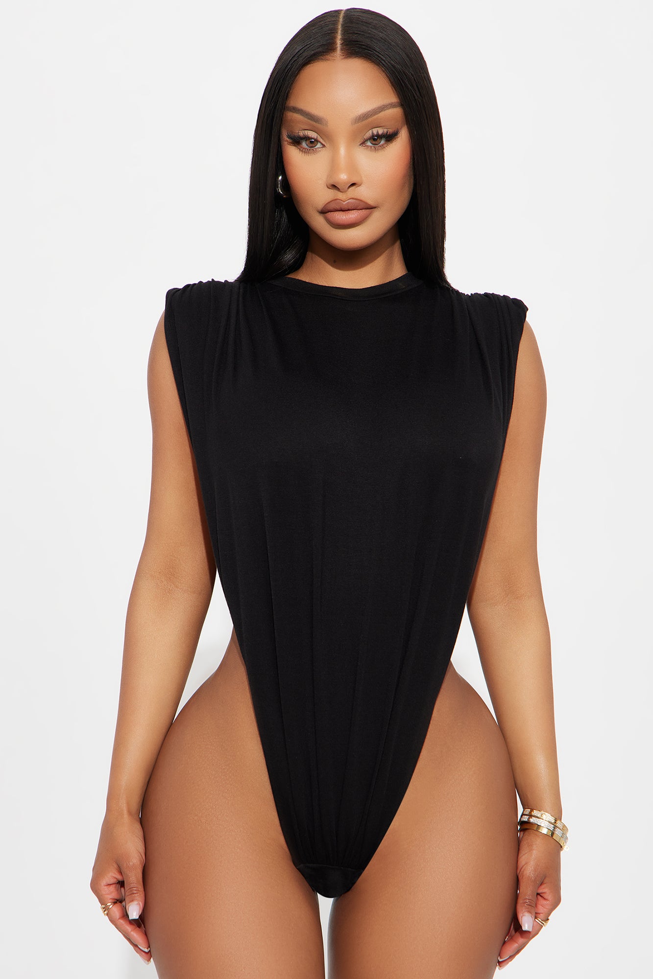 Open Concept Ruched Sleeveless Bodysuit - Black