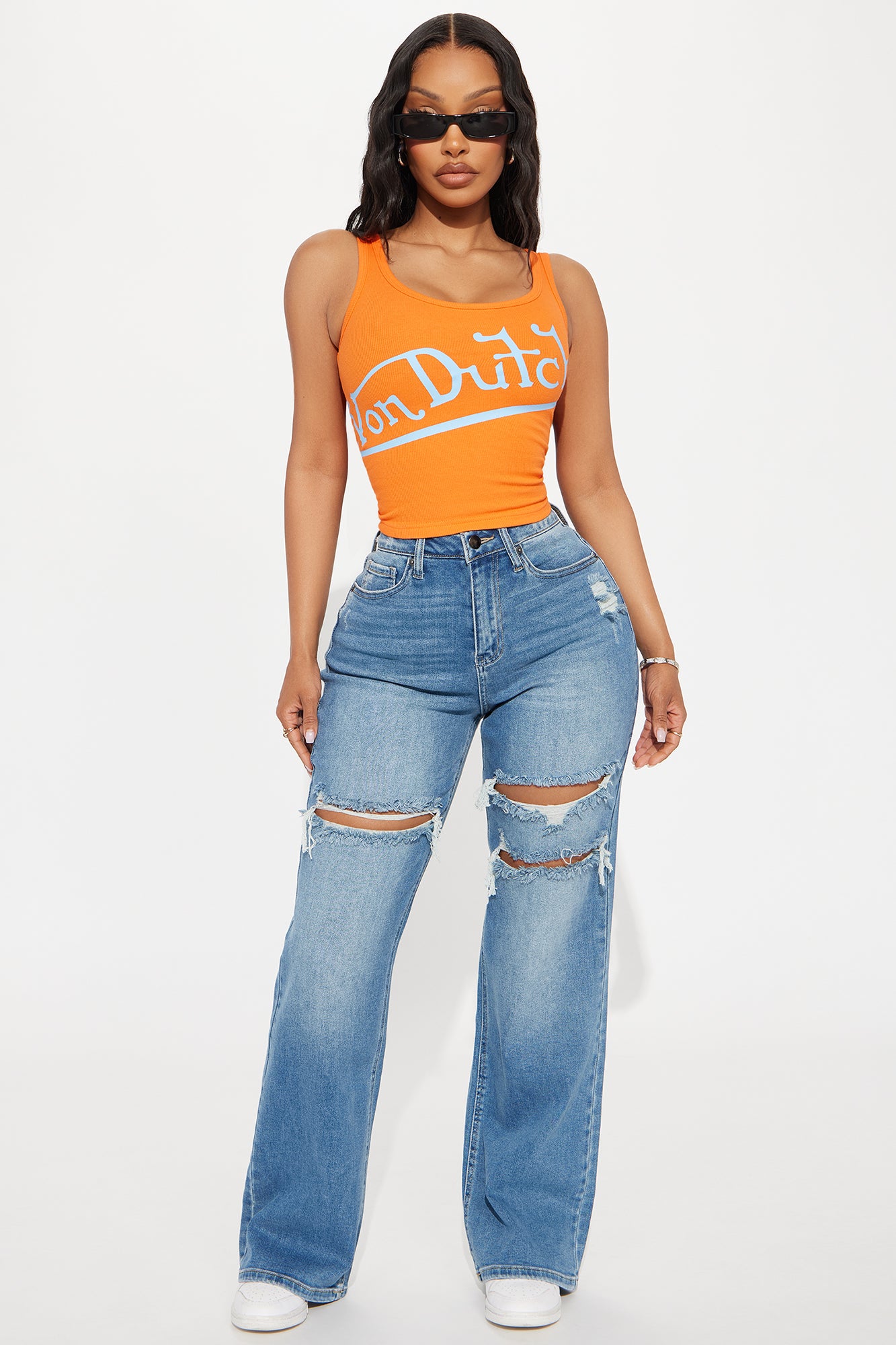 Petite Remi Ripped Stretch Baggy Jeans - Medium Wash