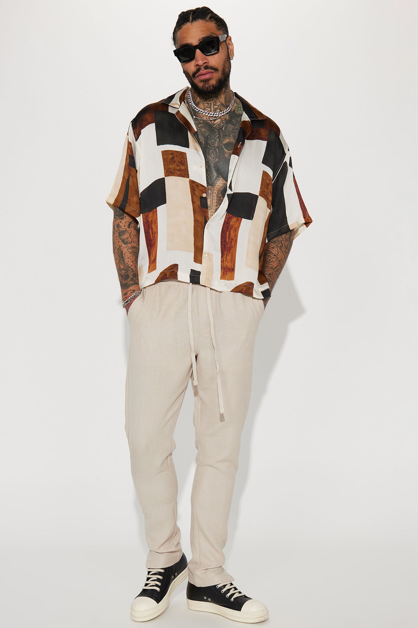 Classic Geometric Short Sleeve Button Up - Off White/combo