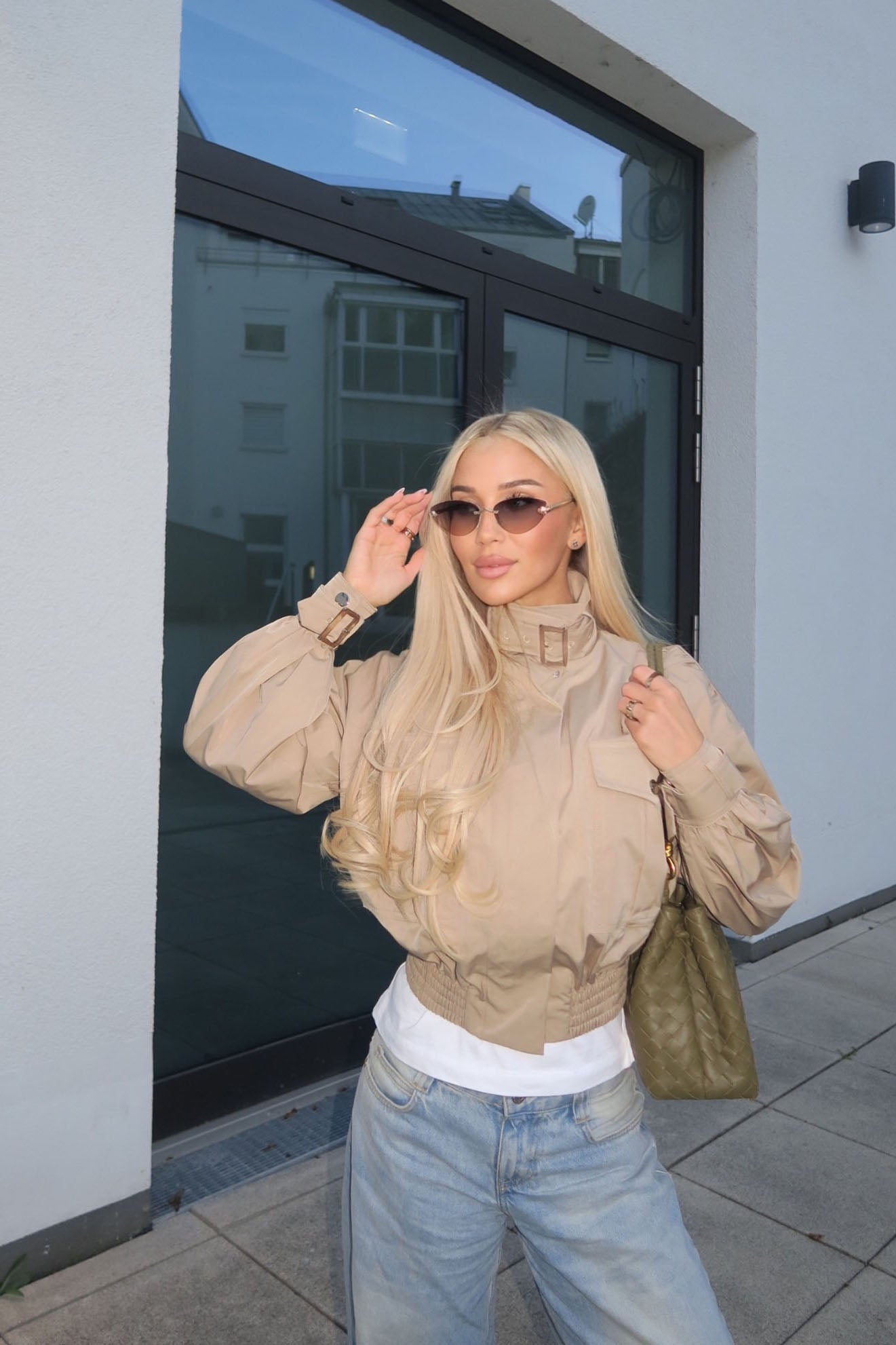 Gracelle Lightweight Twill Funnel Neck Bomber Jacket - Khaki