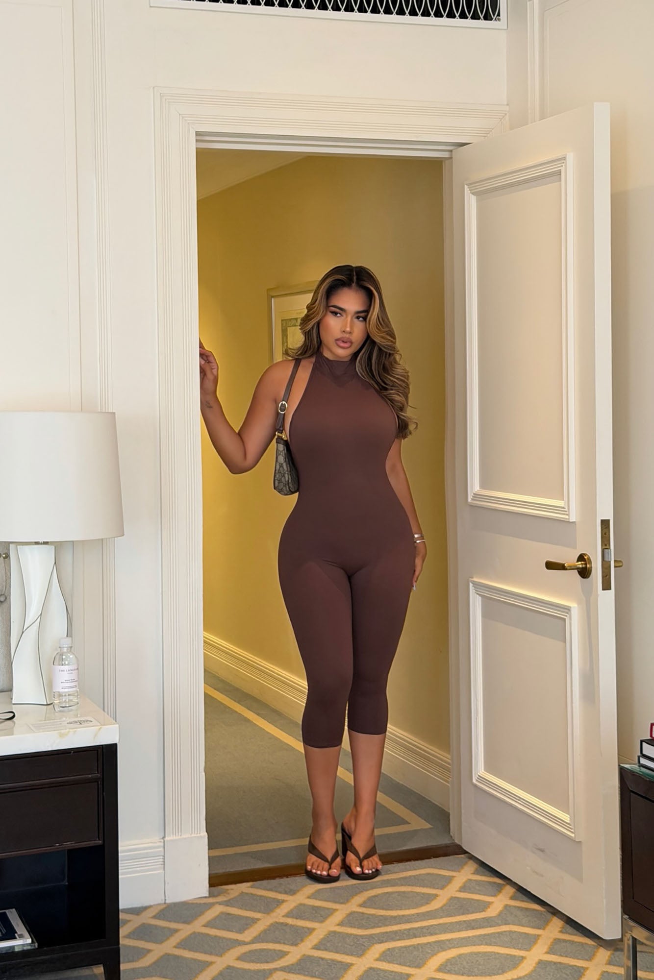 Isa High Neck Backless Capri Catsuit - Chocolate