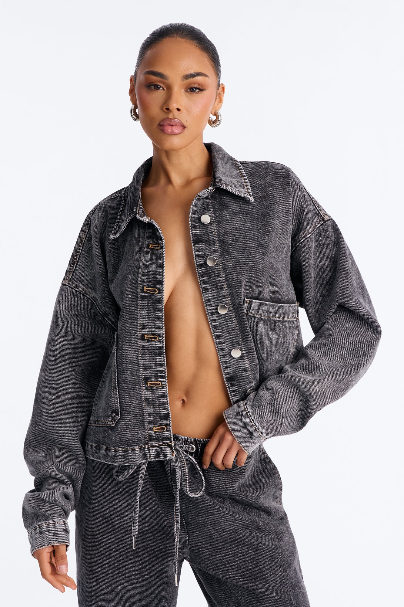 Airplane Mode Drapey Denim Shacket - Dark Grey