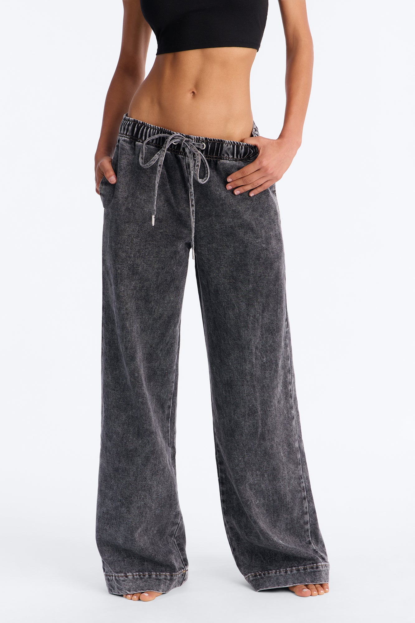 Airplane Mode Tie Waist Drapey Denim Jeans - Dark Grey