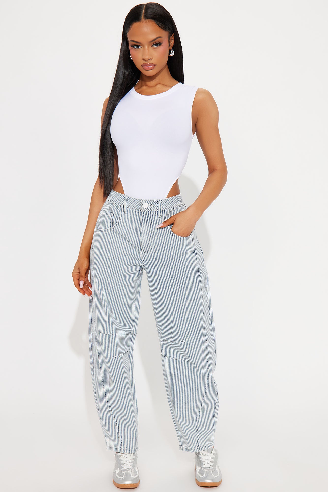 Lust For Life Denim Stripe Barrel Leg Jeans - Dark Denim