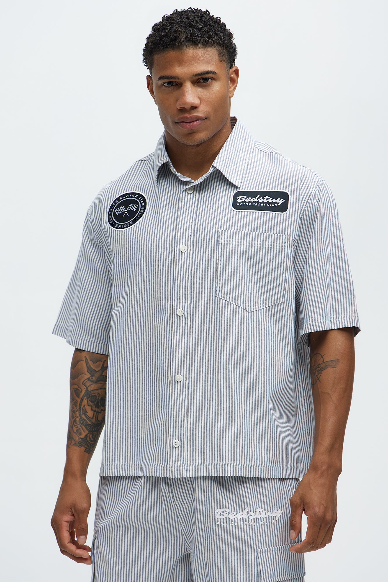 Cropped Bedstuy Patch Button Up Shirt - Black/White