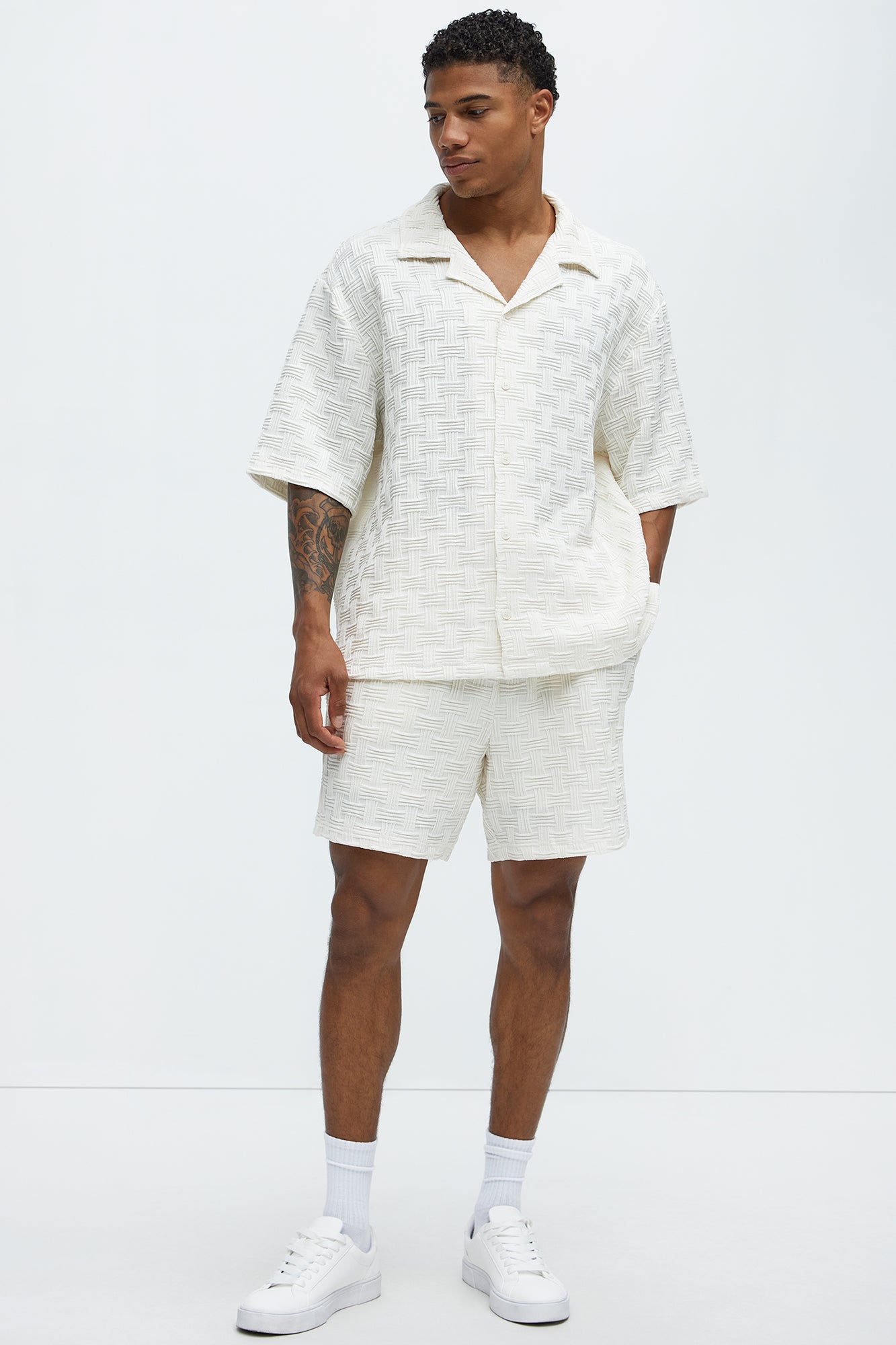 Criss Cross Textured Shorts - Cream