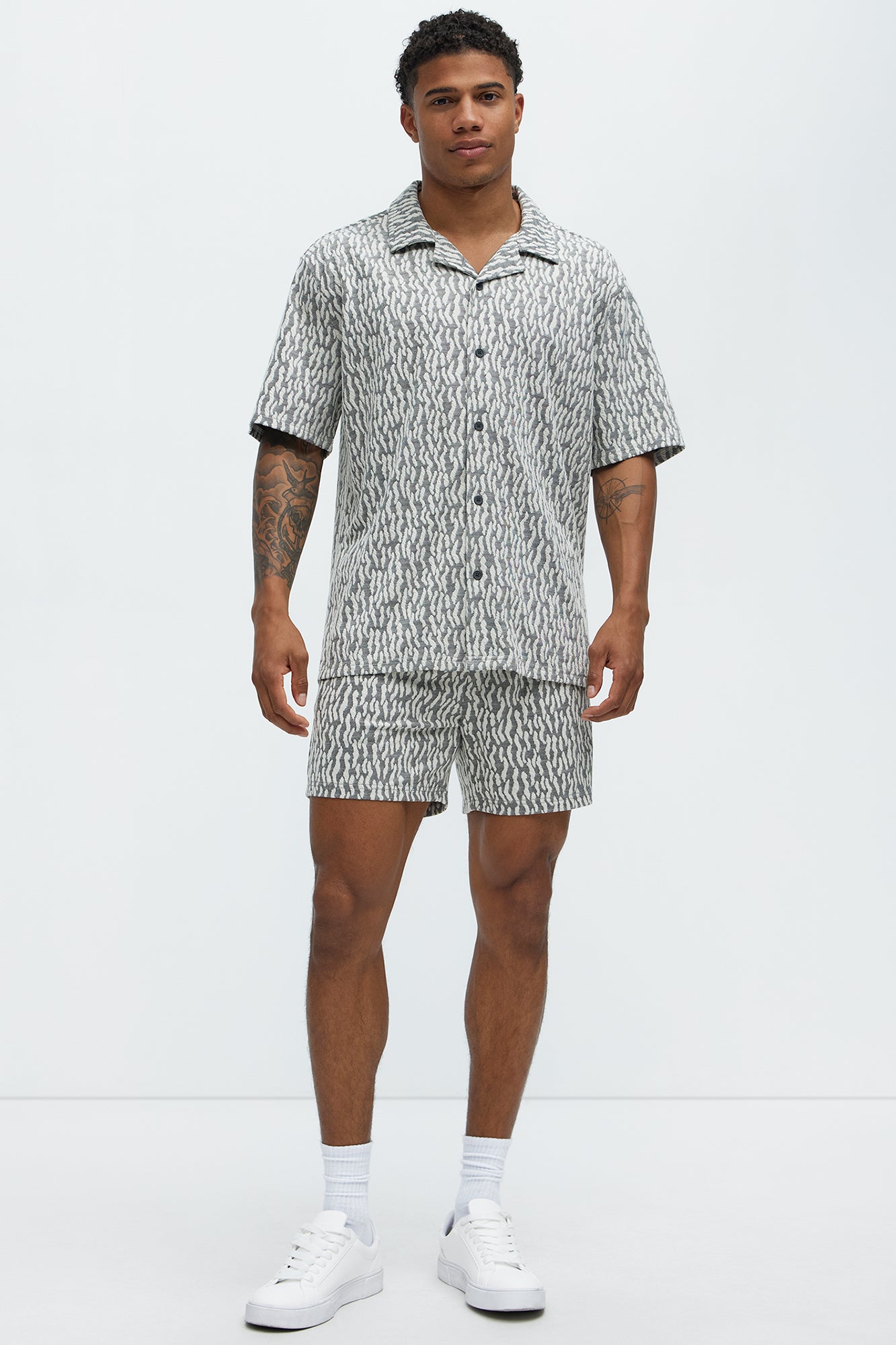 Havana Jacquard Short Sleeve Button Up Shirt - Grey