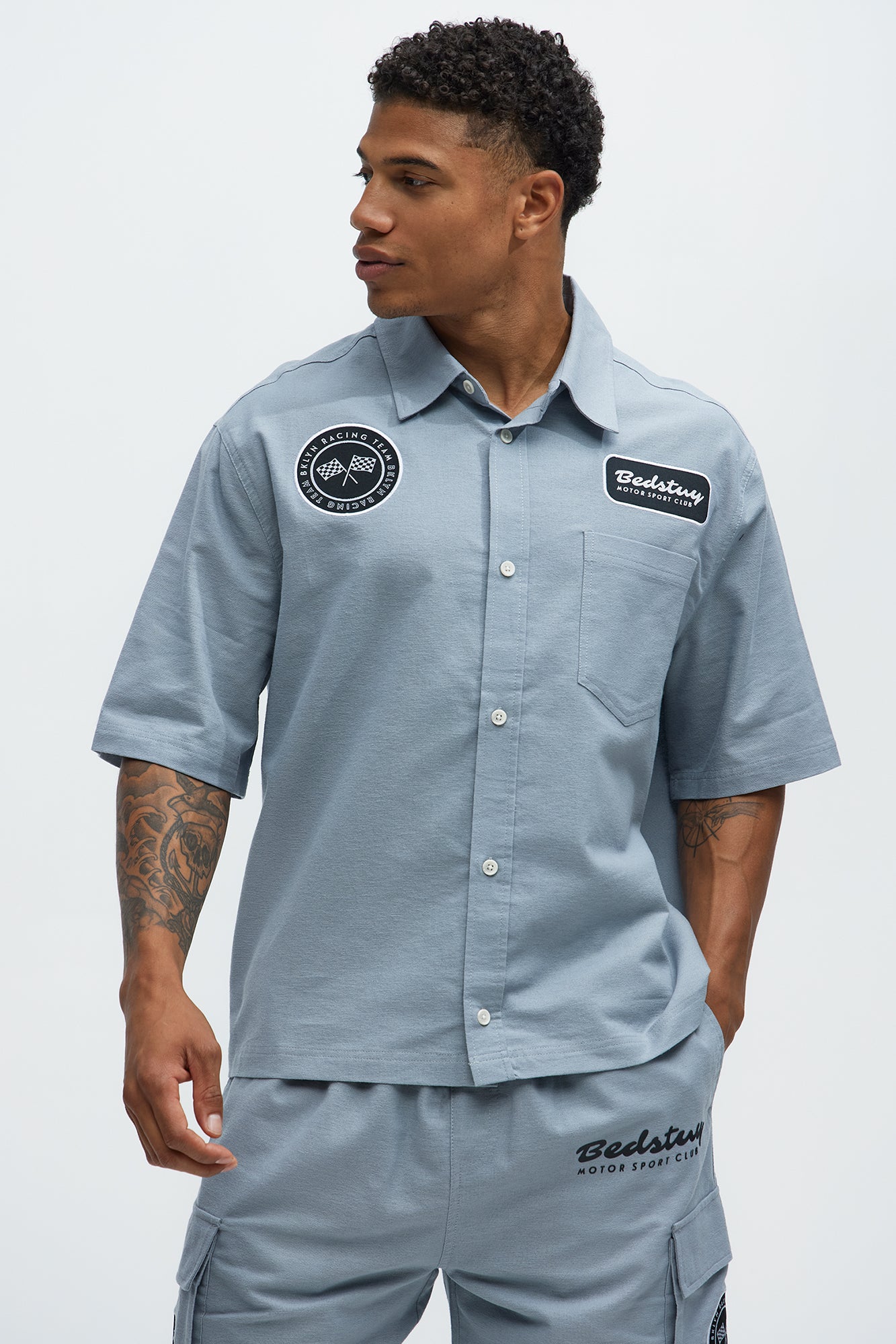 Cropped Bedstuy Patch Button Up Shirt - Light Blue