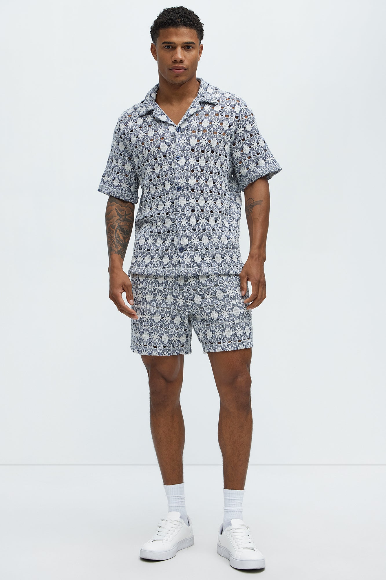 Patterned Open Knit Button Down Shirt - Blue/combo