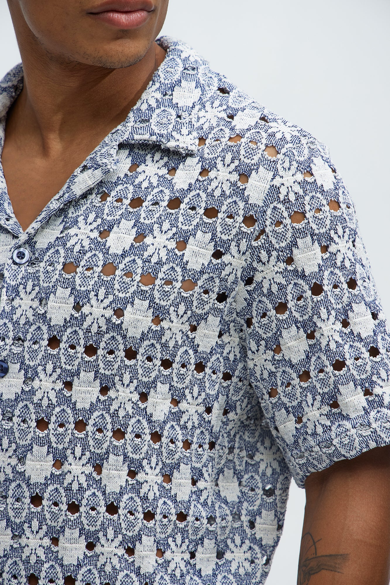 Patterned Open Knit Button Down Shirt - Blue/combo