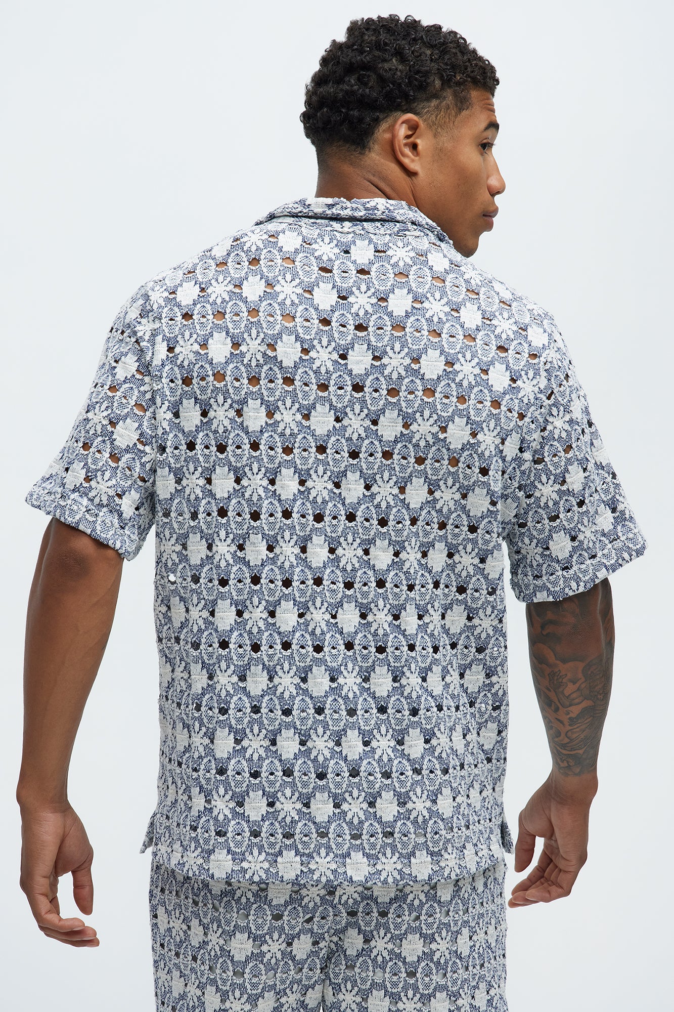 Patterned Open Knit Button Down Shirt - Blue/combo