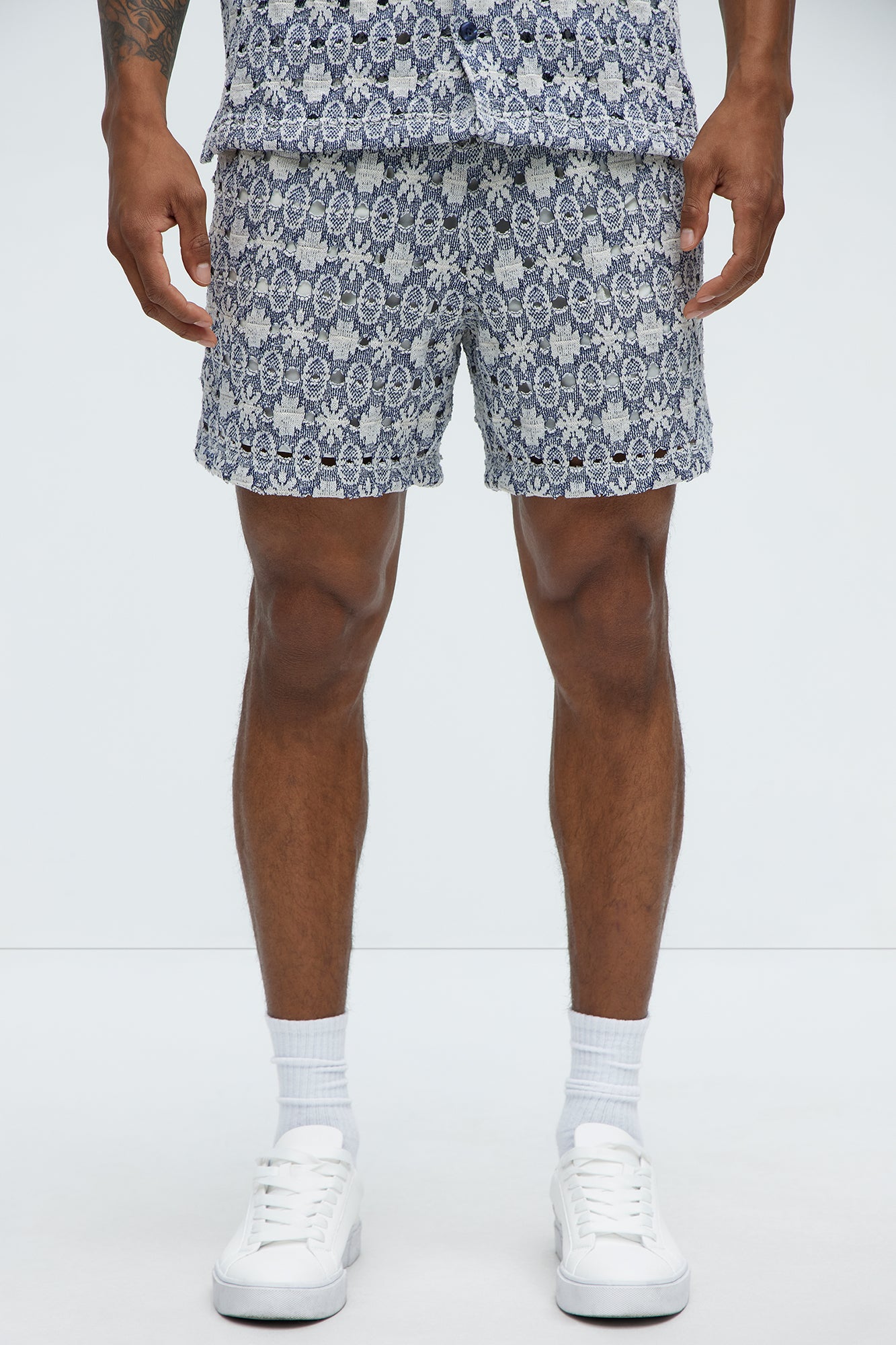 Patterned Open Knit Shorts - Blue/combo