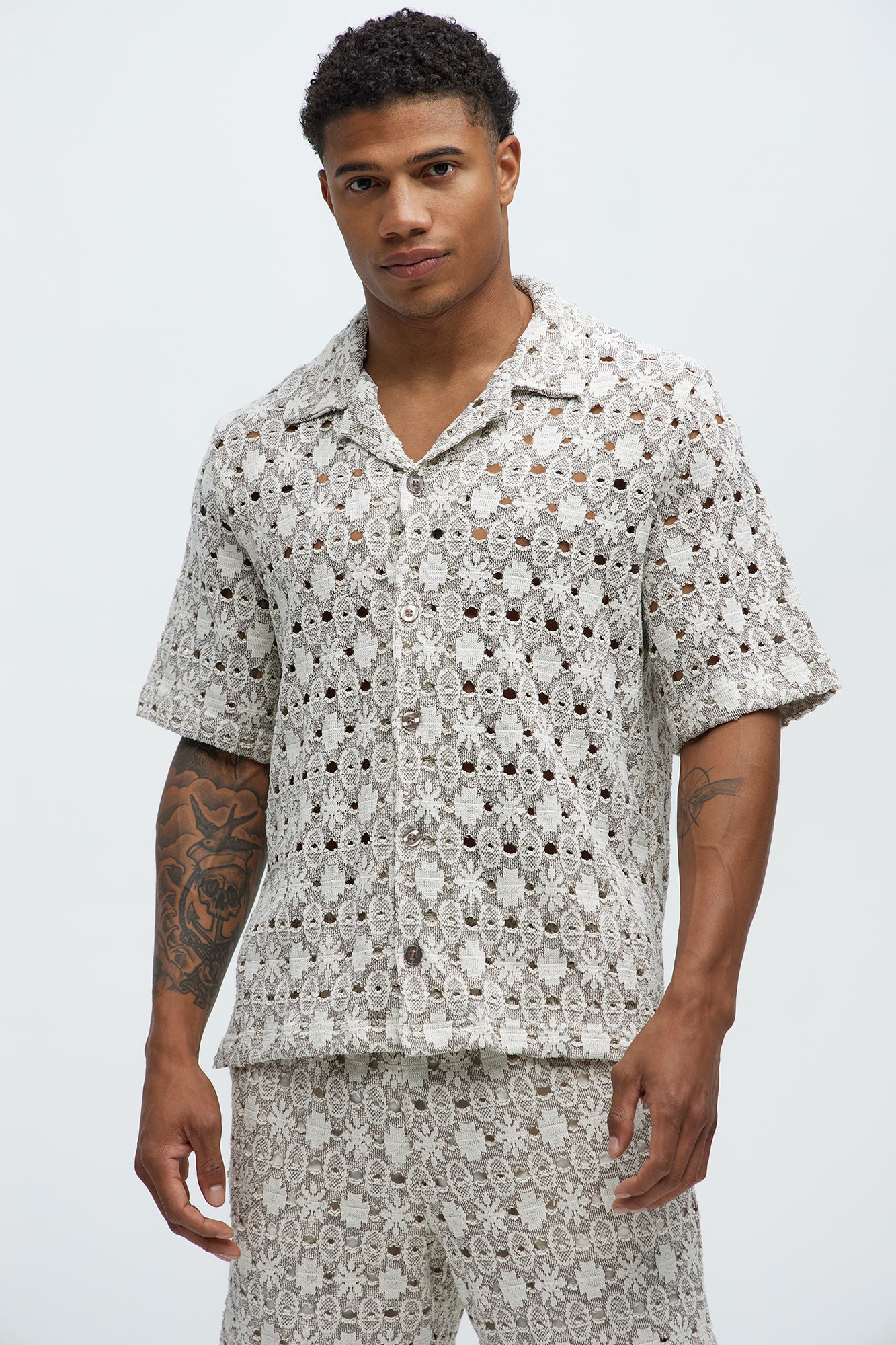 Patterned Open Knit Button Down Shirt - Cream/combo
