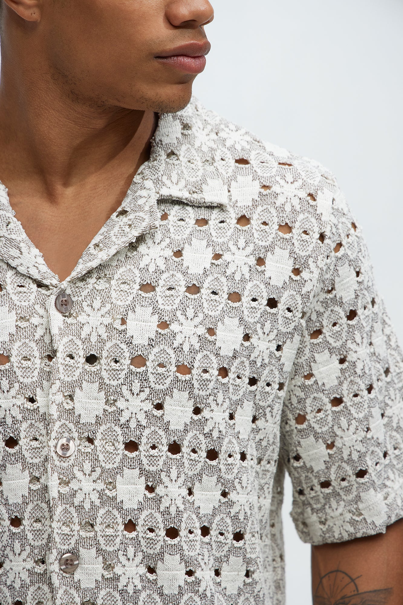 Patterned Open Knit Button Down Shirt - Cream/combo