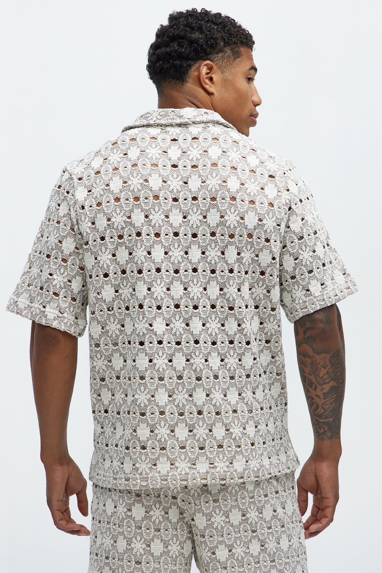 Patterned Open Knit Button Down Shirt - Cream/combo