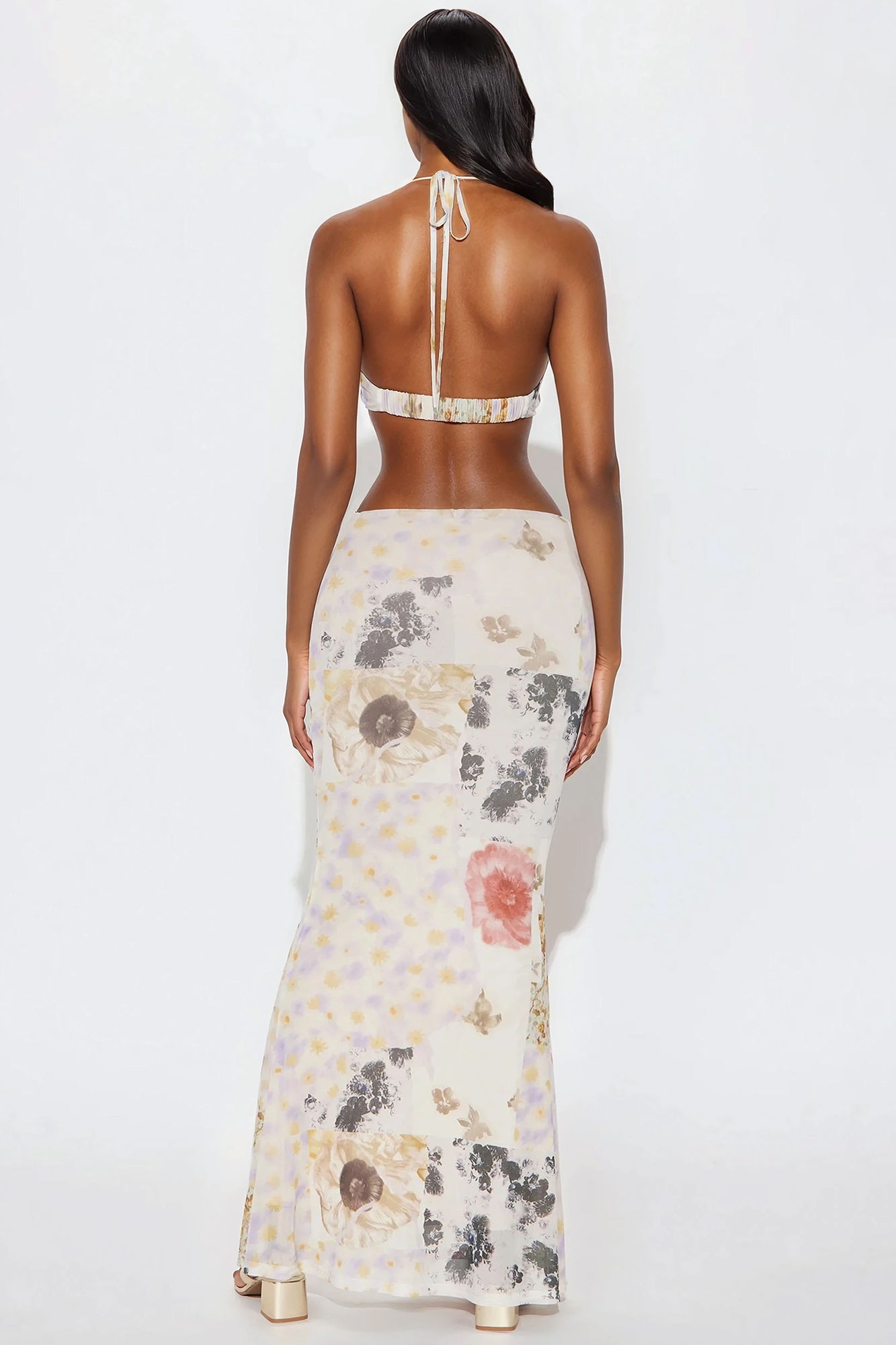 Floral Escape Mesh Maxi Skirt Set - Stone/Combo
