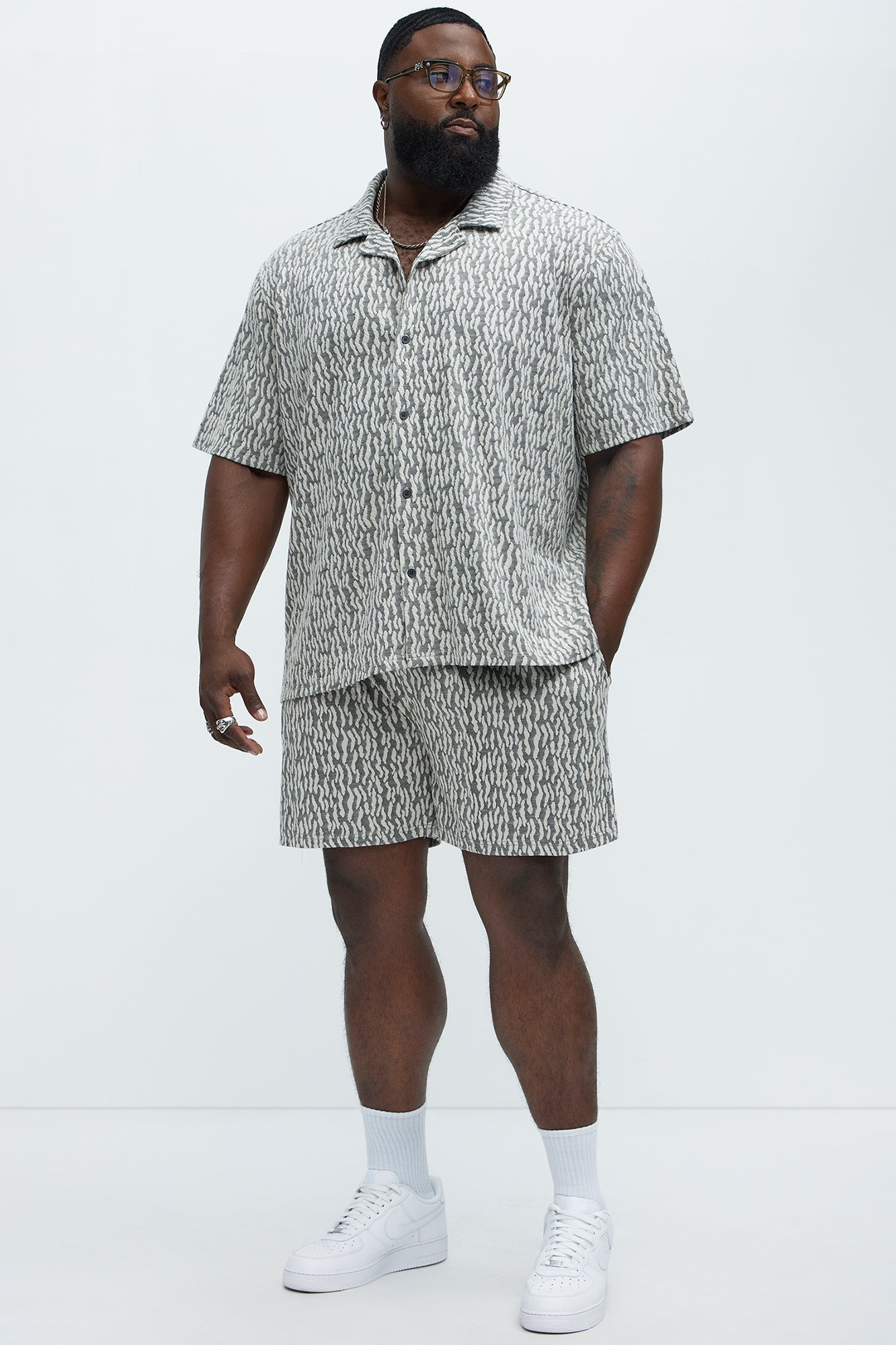 Havana Jacquard Short Sleeve Button Up Shirt - Grey