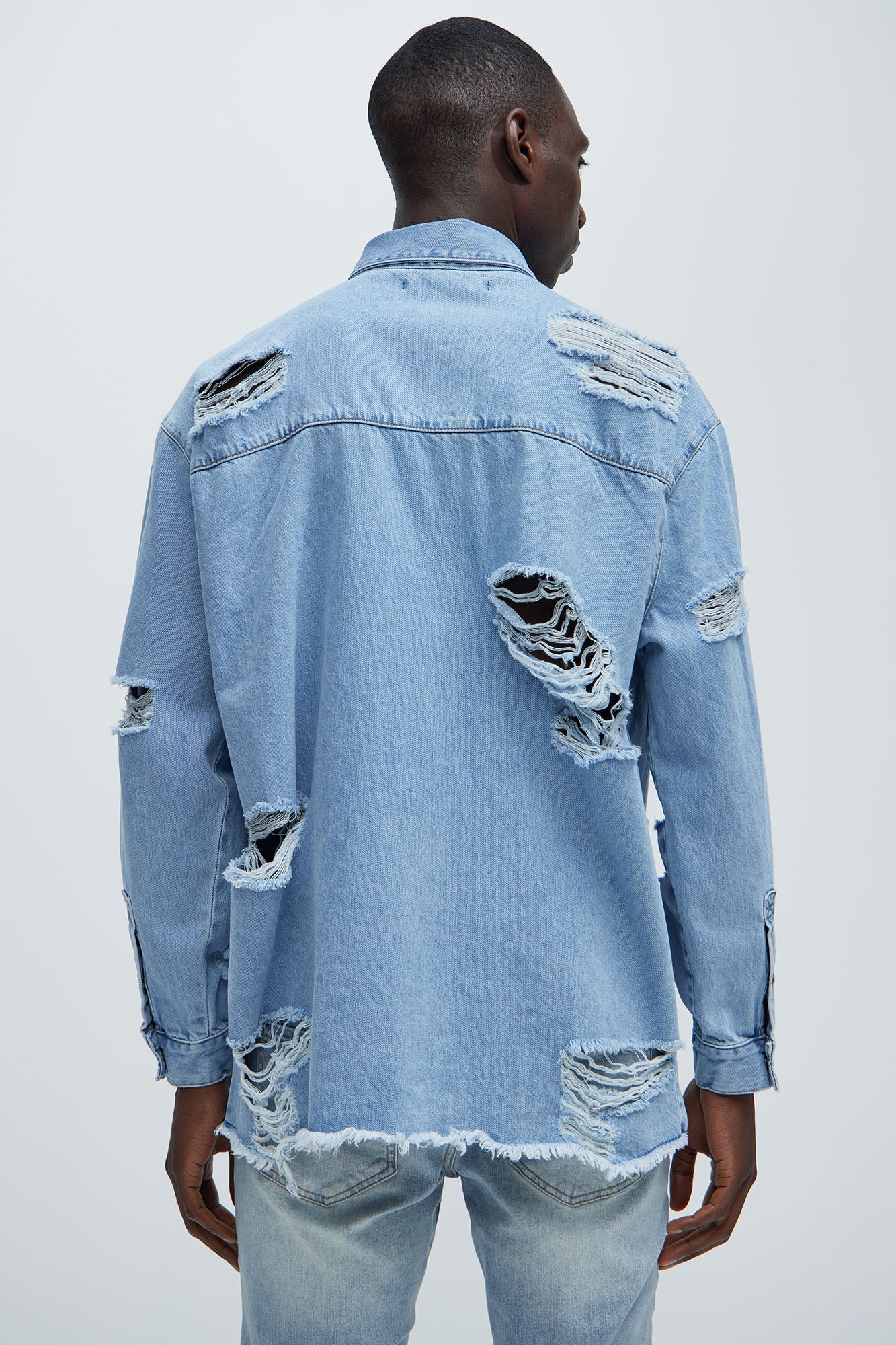 Essential Distressed Denim Woven Top - Light Wash