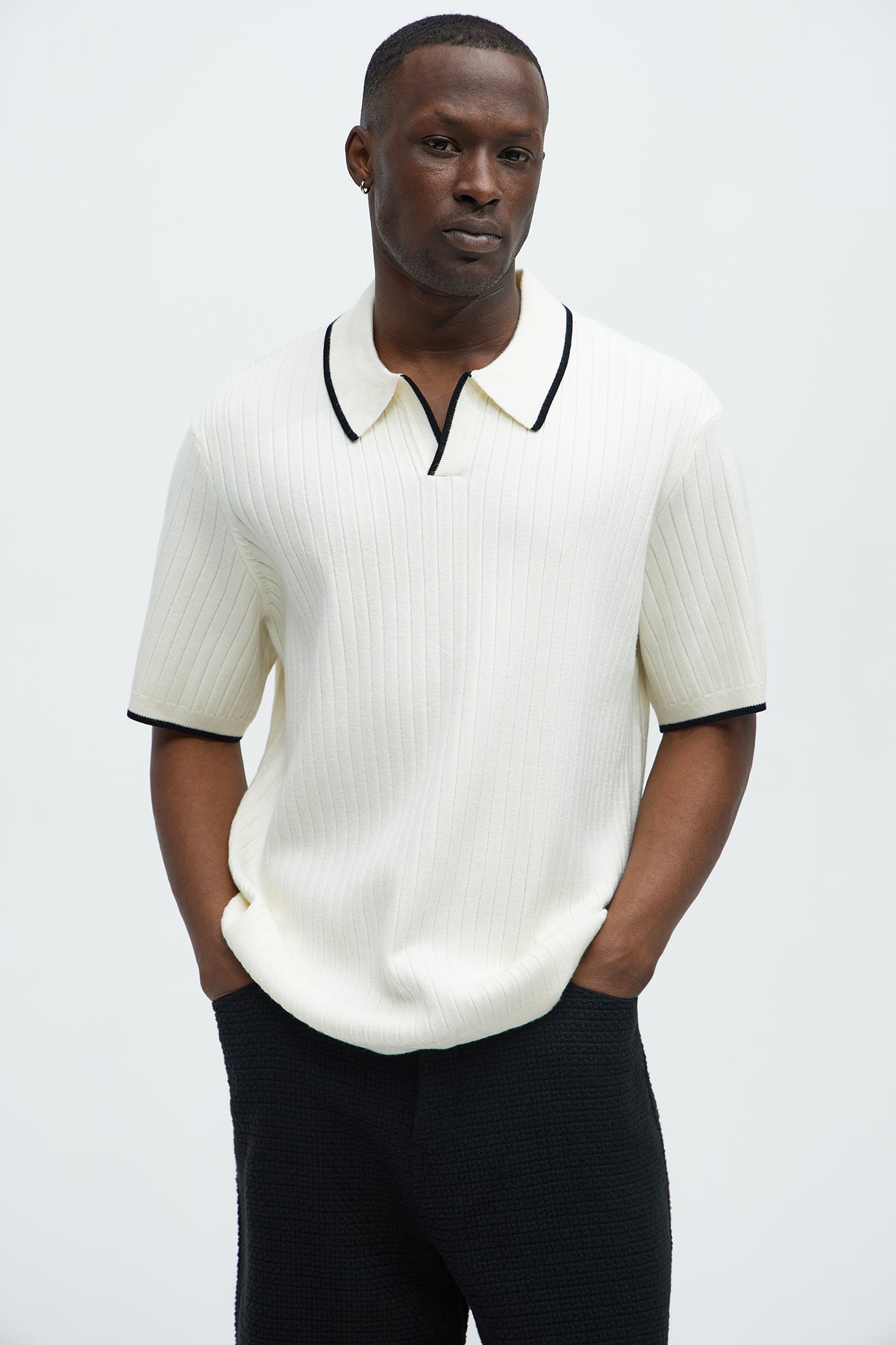 Garrison Knitted Johnny Collar Short Sleeve Polo - Cream/combo
