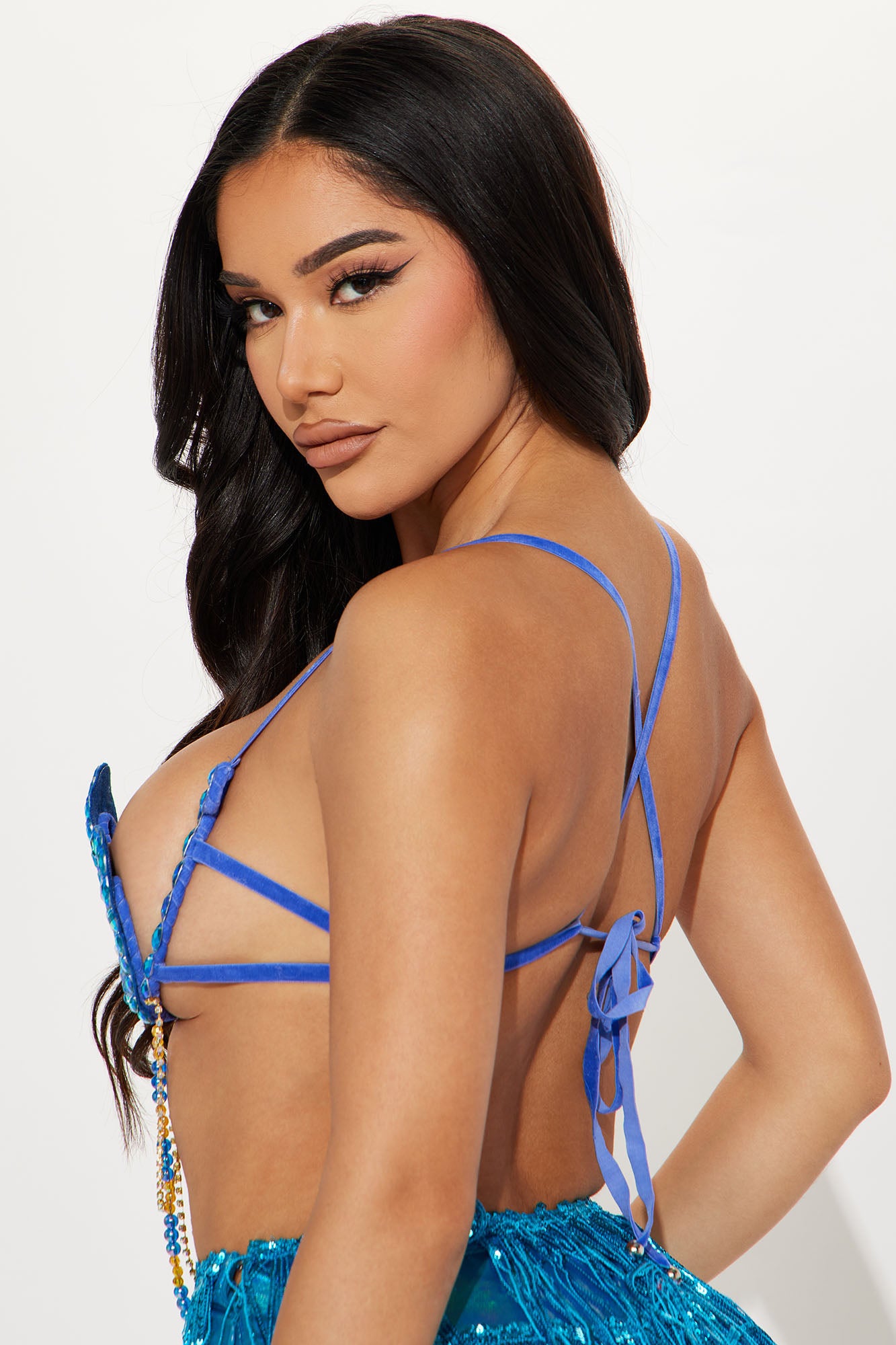 Lustrous Peacock Hand Beaded Underwire Festival Bra - Royal