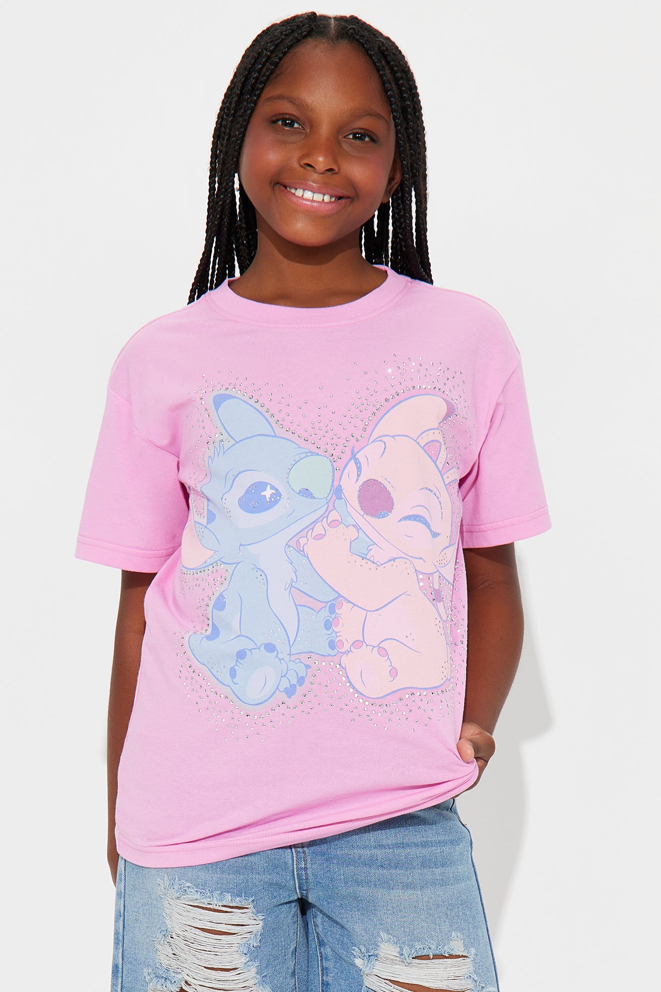 Mini Stitch & Angel Rhinestone Boyfriend Tee - Pink
