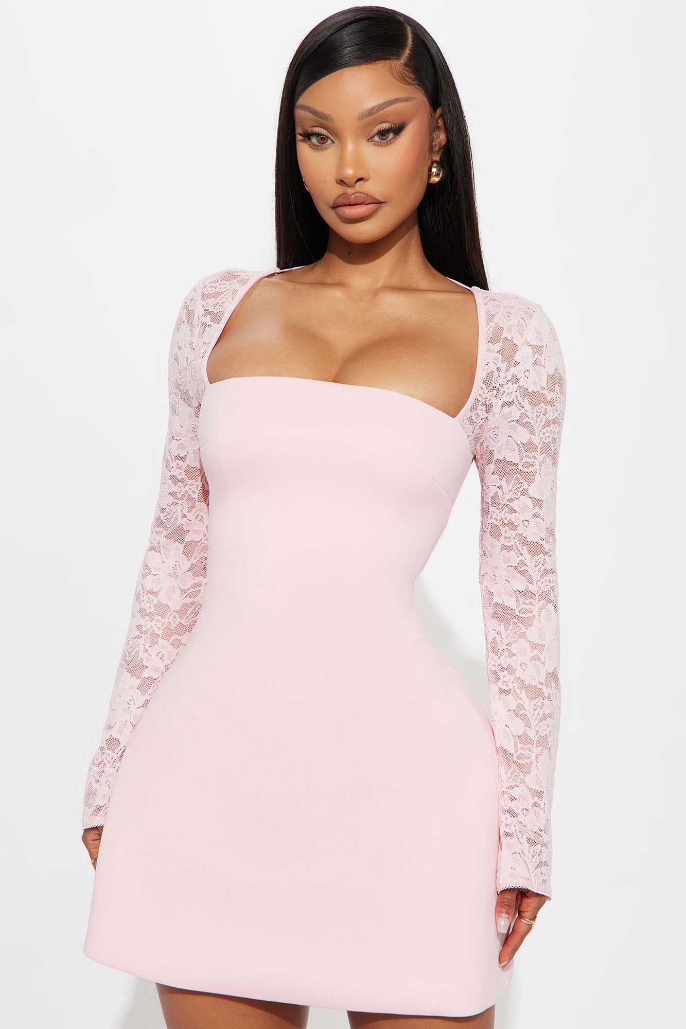 Delia Lace Long Sleeve Mini Dress - Pink