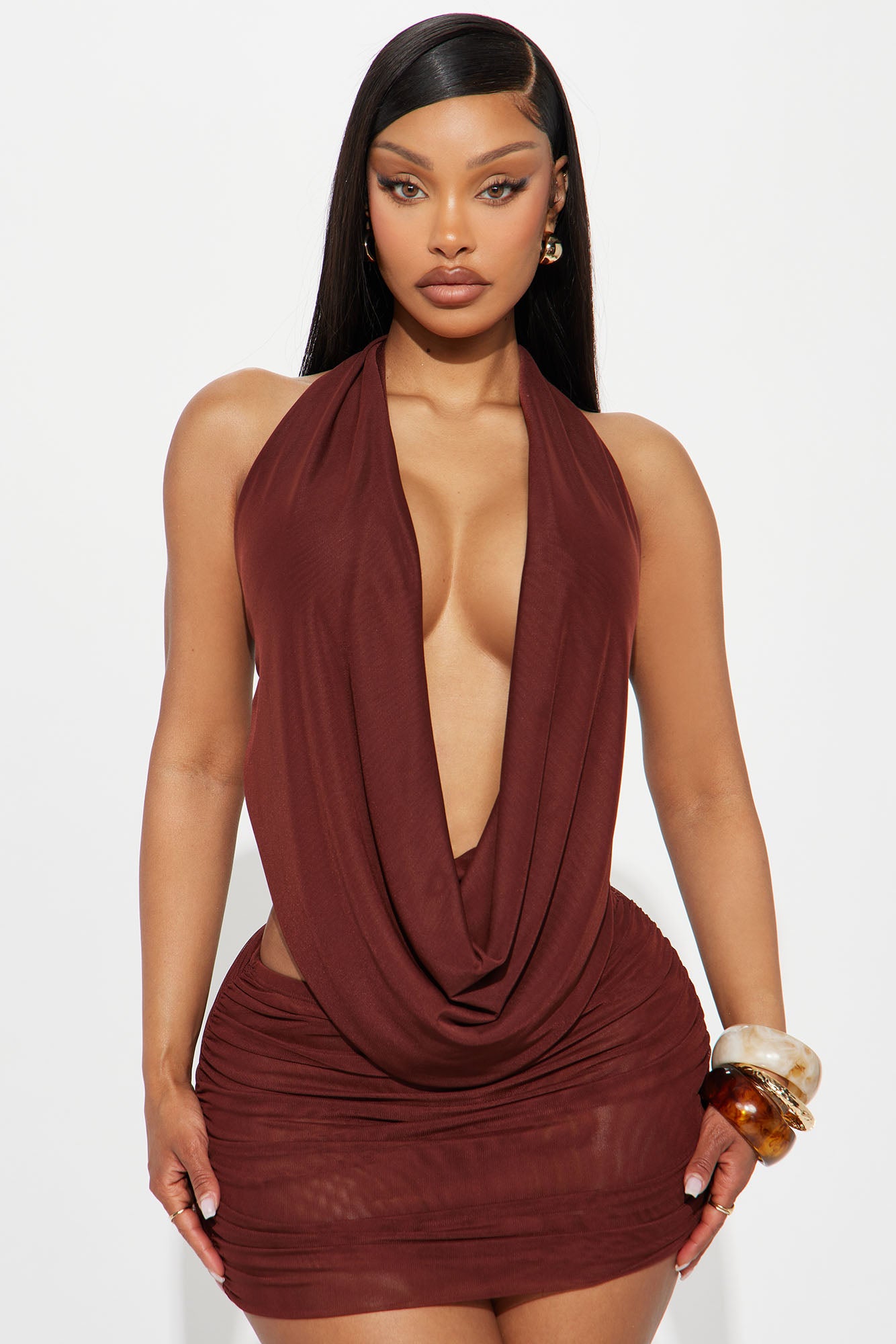 Shayna Cowl Halter Mesh Mini Skirt Set - Brown