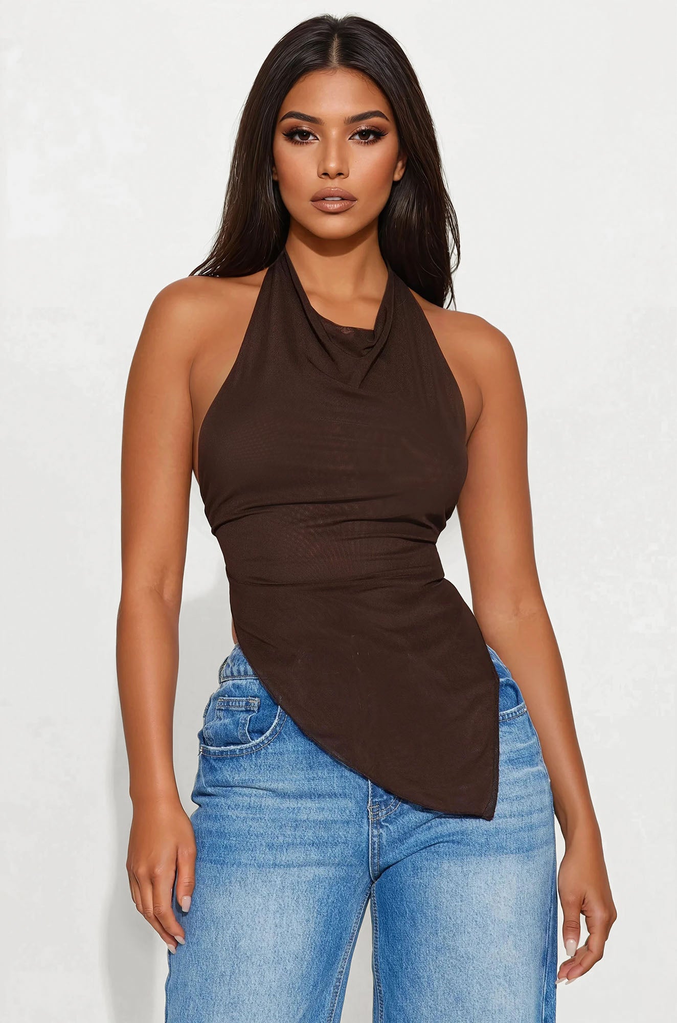 Changed Your Mind Mesh Halter Top - Chocolate