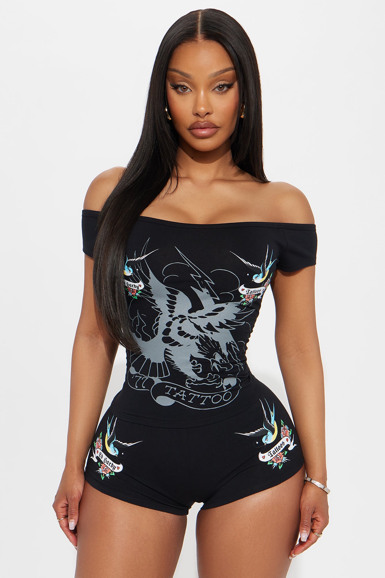 Ed Hardy Swallows Off Shoulder Top - Black