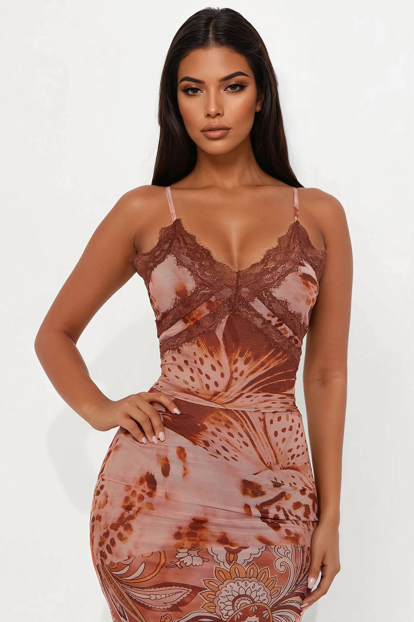 Lena Floral Mesh Maxi Skirt Set - Rust