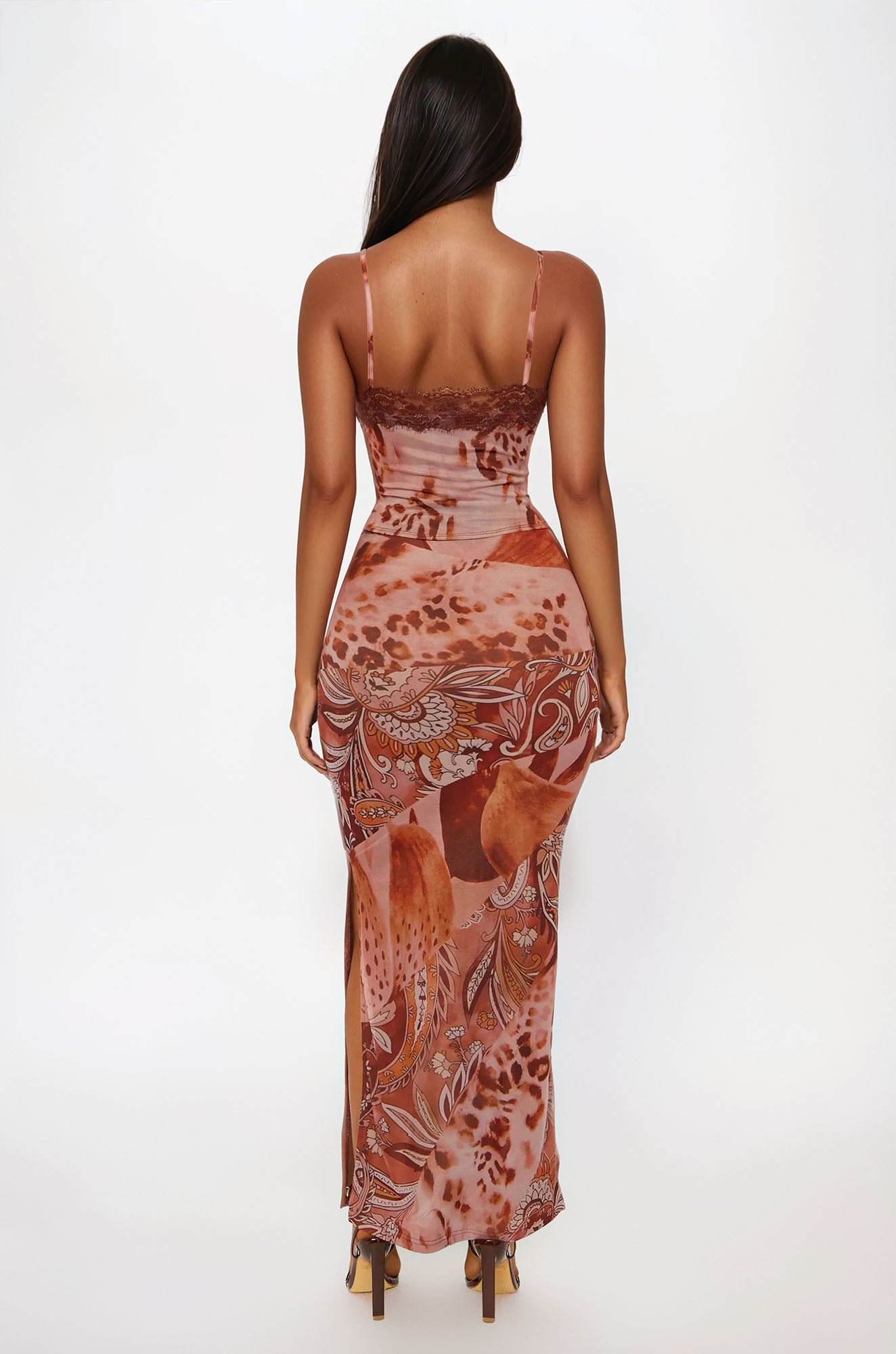 Lena Floral Mesh Maxi Skirt Set - Rust