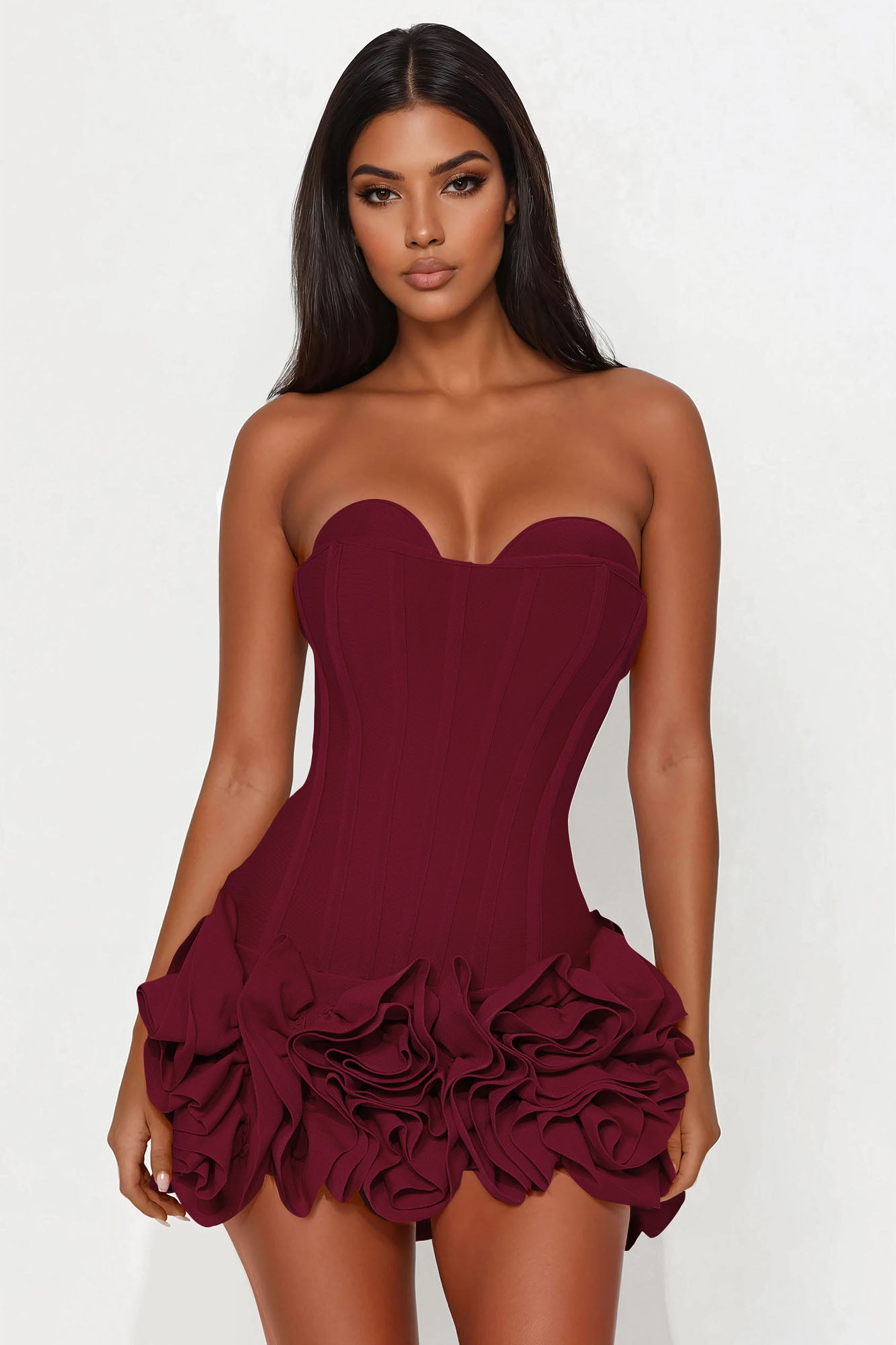 Blessed Beauty Ruffle Rosette Bandage Mini Dress - Wine