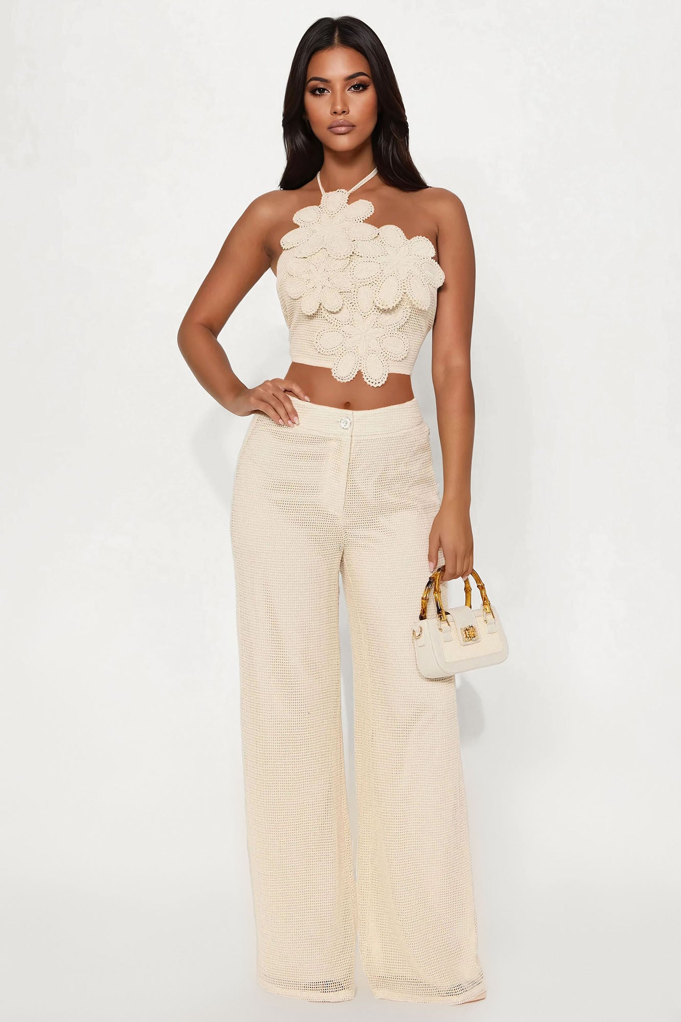 Maya 3D Flower Crochet Pant Set - Cream