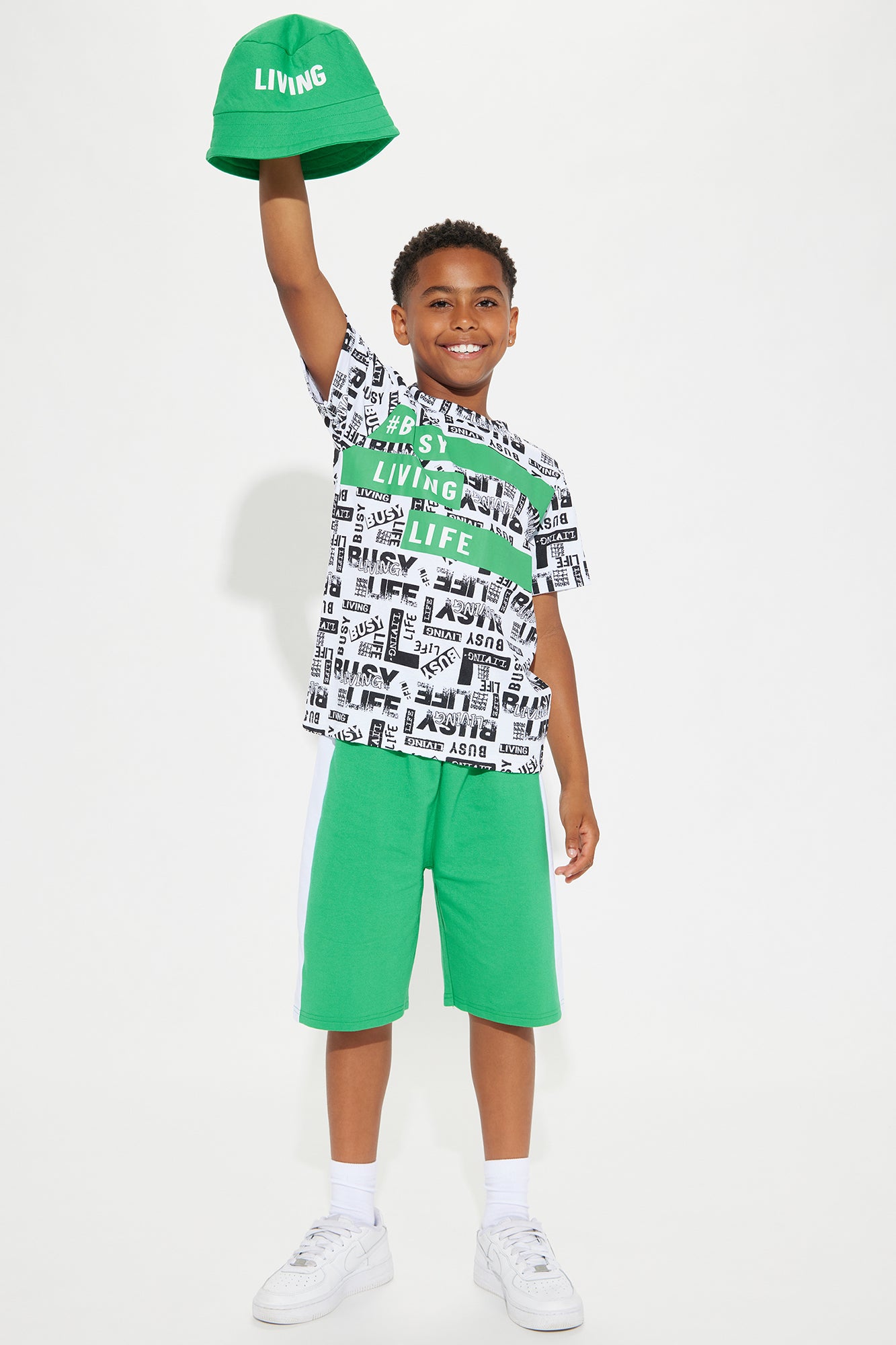 Mini Busy Living My Best Life Short Set With Hat - Green/combo