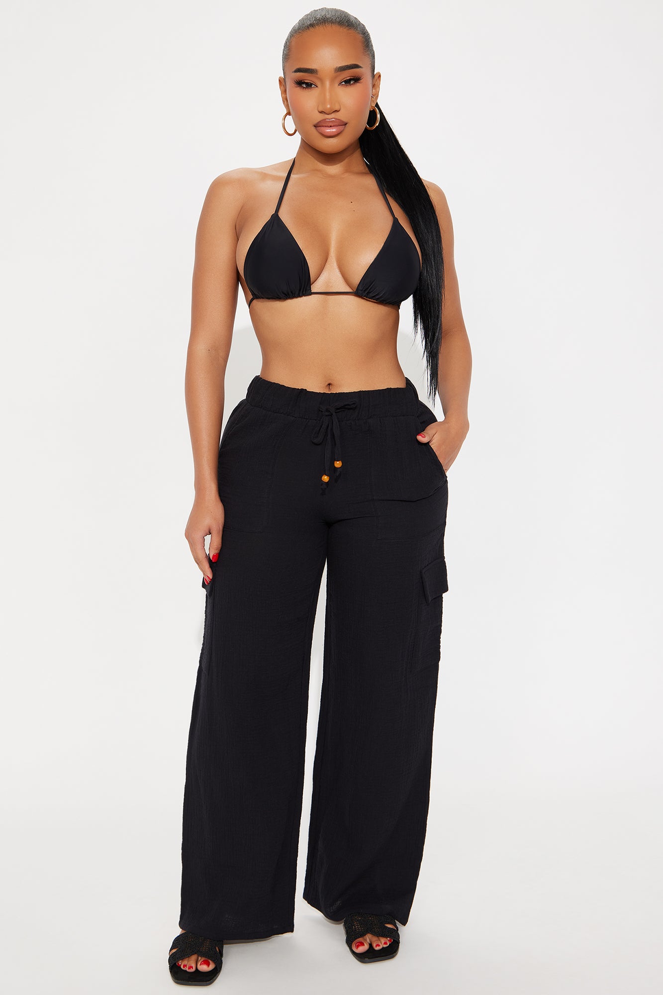 Keep It Simple Gauze Cover Up Cargo Pants - Black