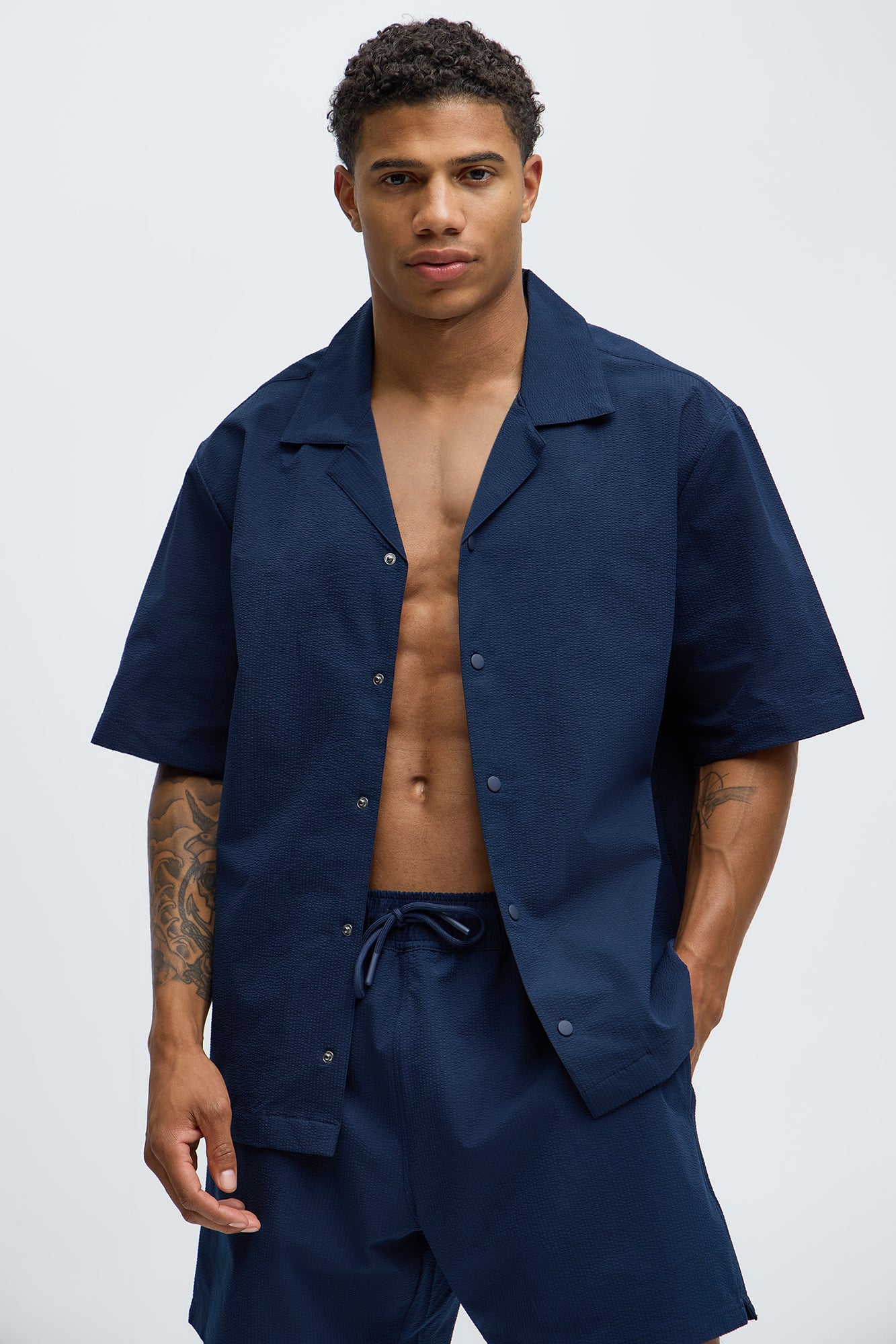 Seersucker Short Sleeve Cuban Collar Shirt - Navy