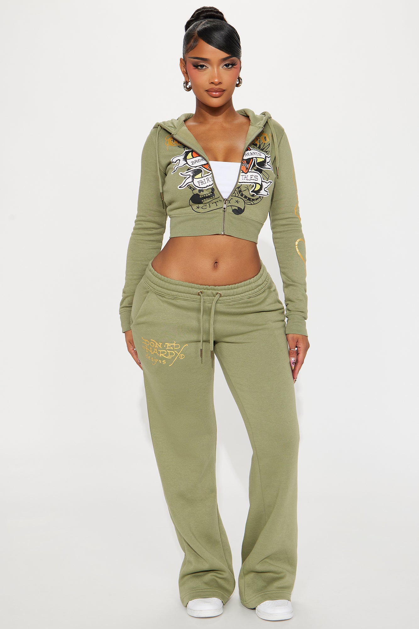 Ed Hardy Broken Hearts Zip Front Hoodie - Sage