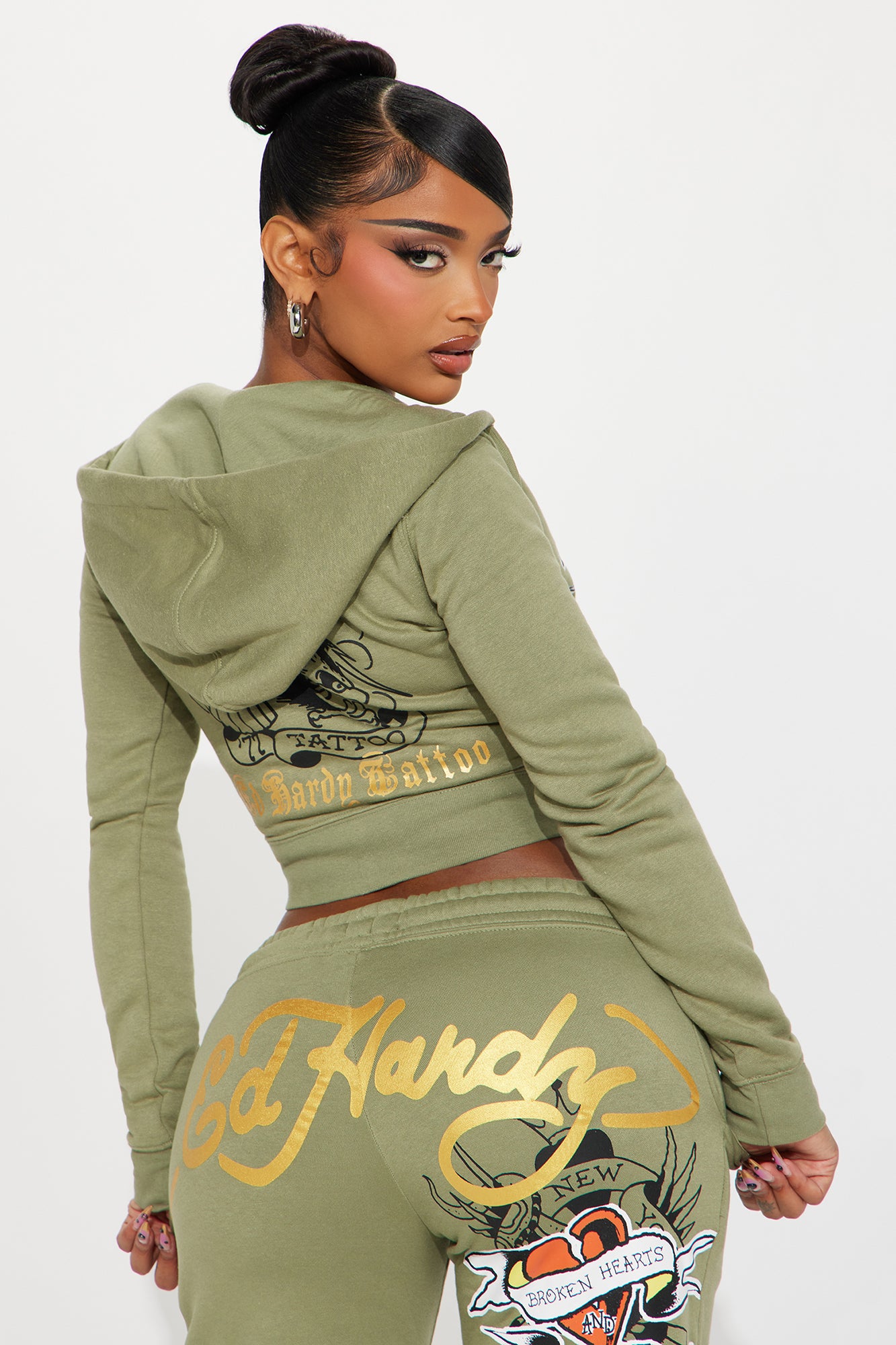 Ed Hardy Broken Hearts Zip Front Hoodie - Sage