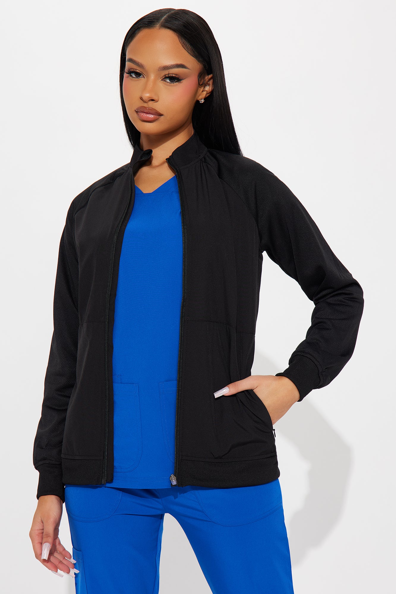 Full Shift Stretch Scrub Uniform Zip Up Jacket - Black