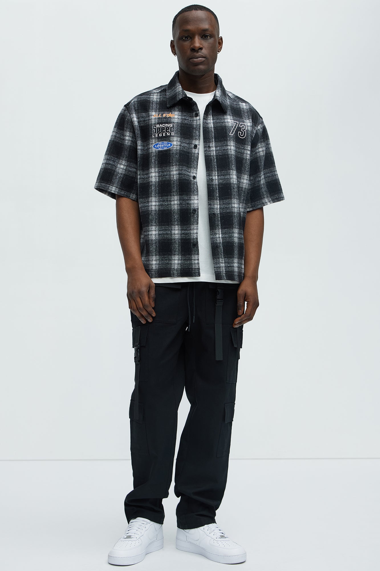 All Star Plaid Button Down Cropped Short Sleeve Shirt - Black/combo