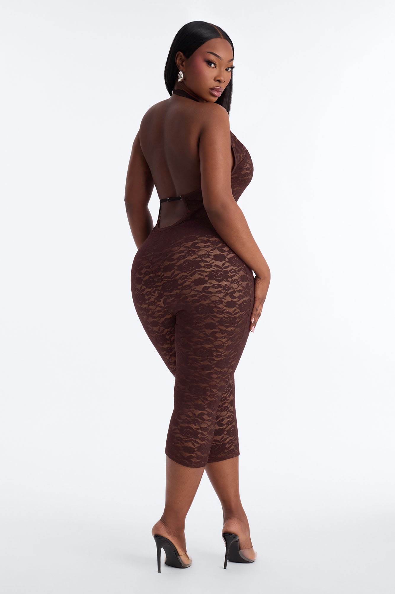 Midnight Strolls Backless Lace Jumpsuit - Chocolate