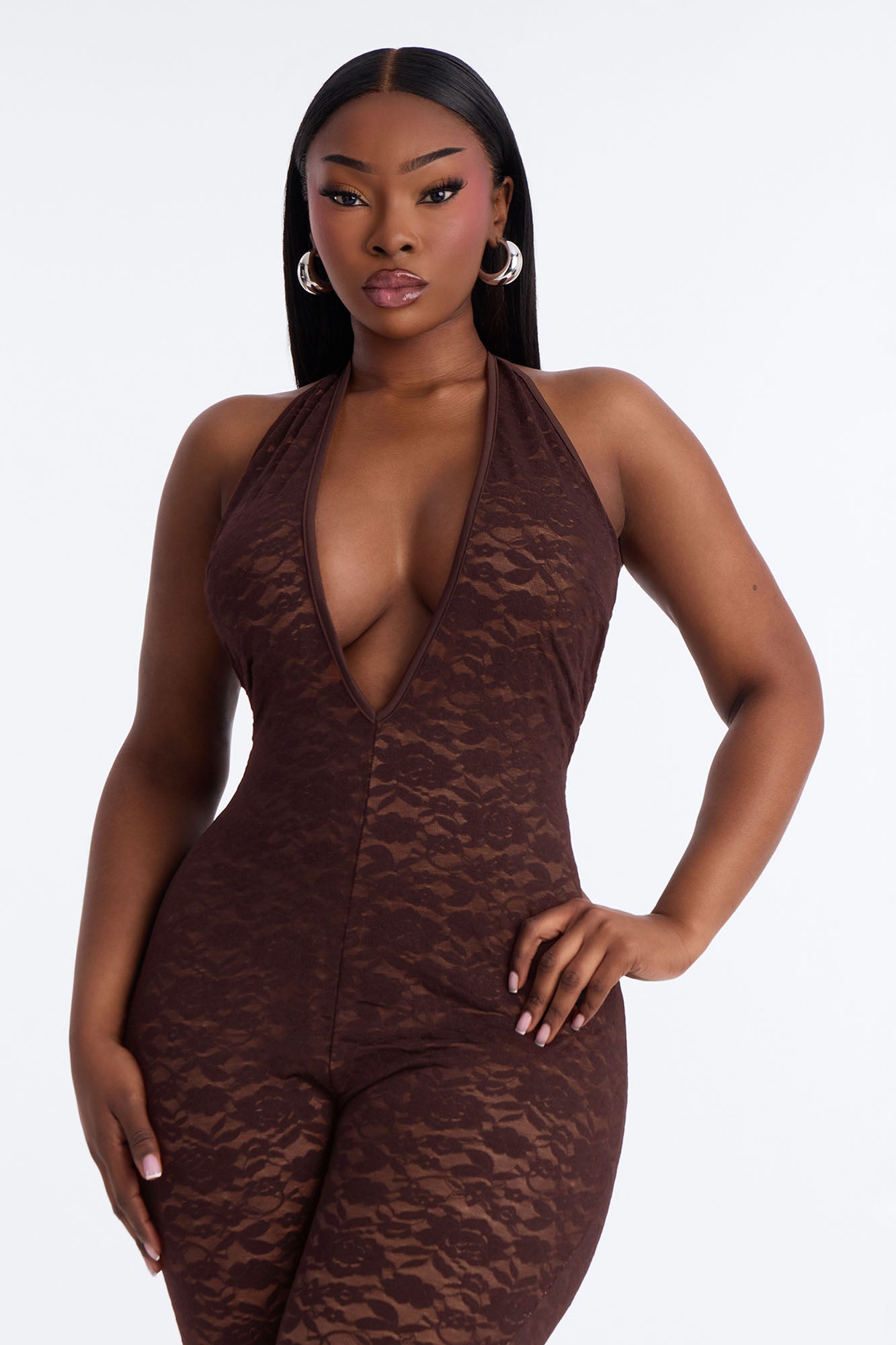 Midnight Strolls Backless Lace Jumpsuit - Chocolate