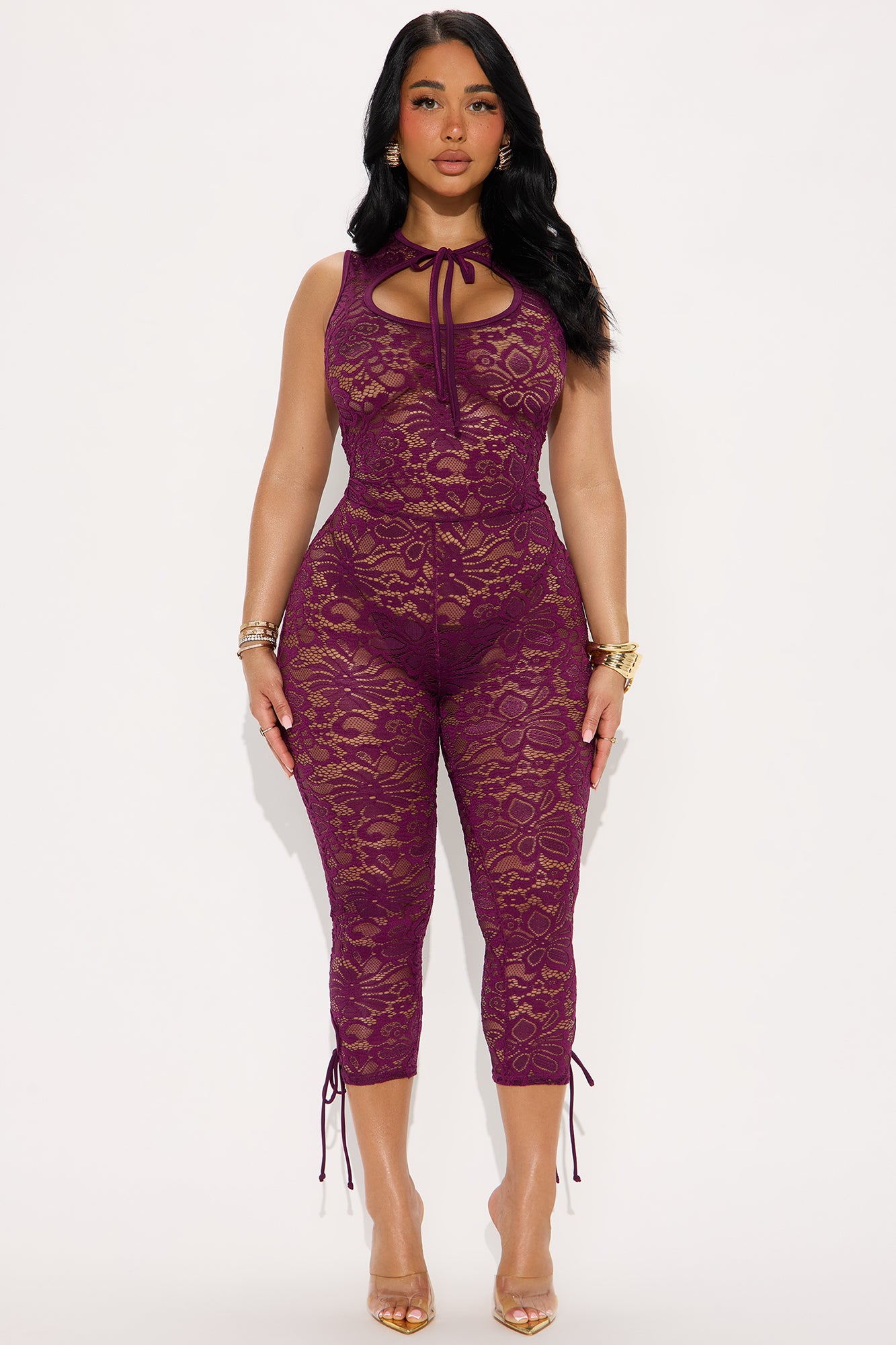 Love Aura Lace Capri Jumpsuit - Plum