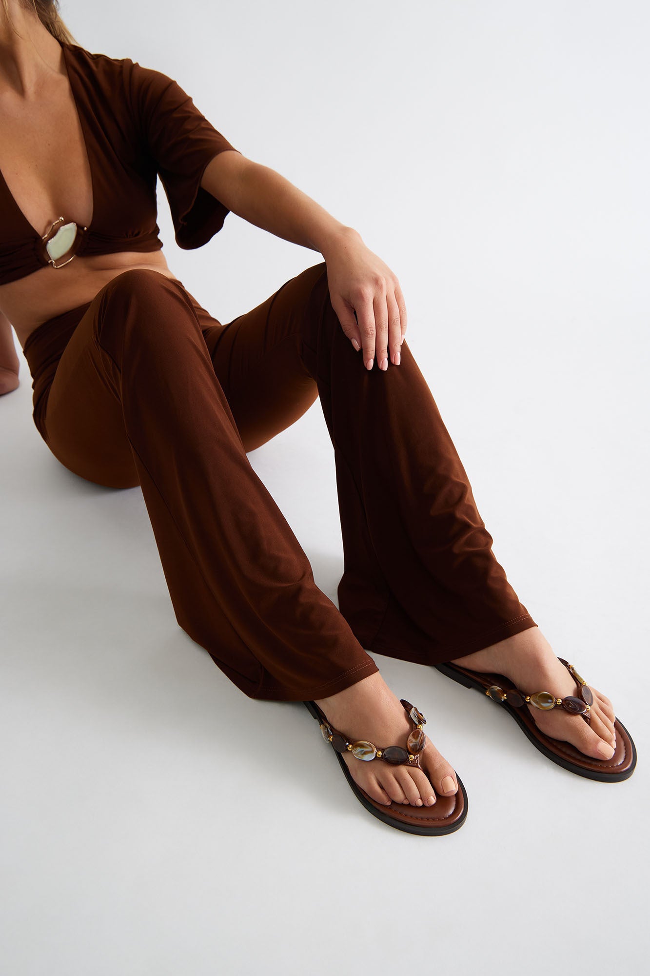 Glimmer Beaded Flip Flops - Brown
