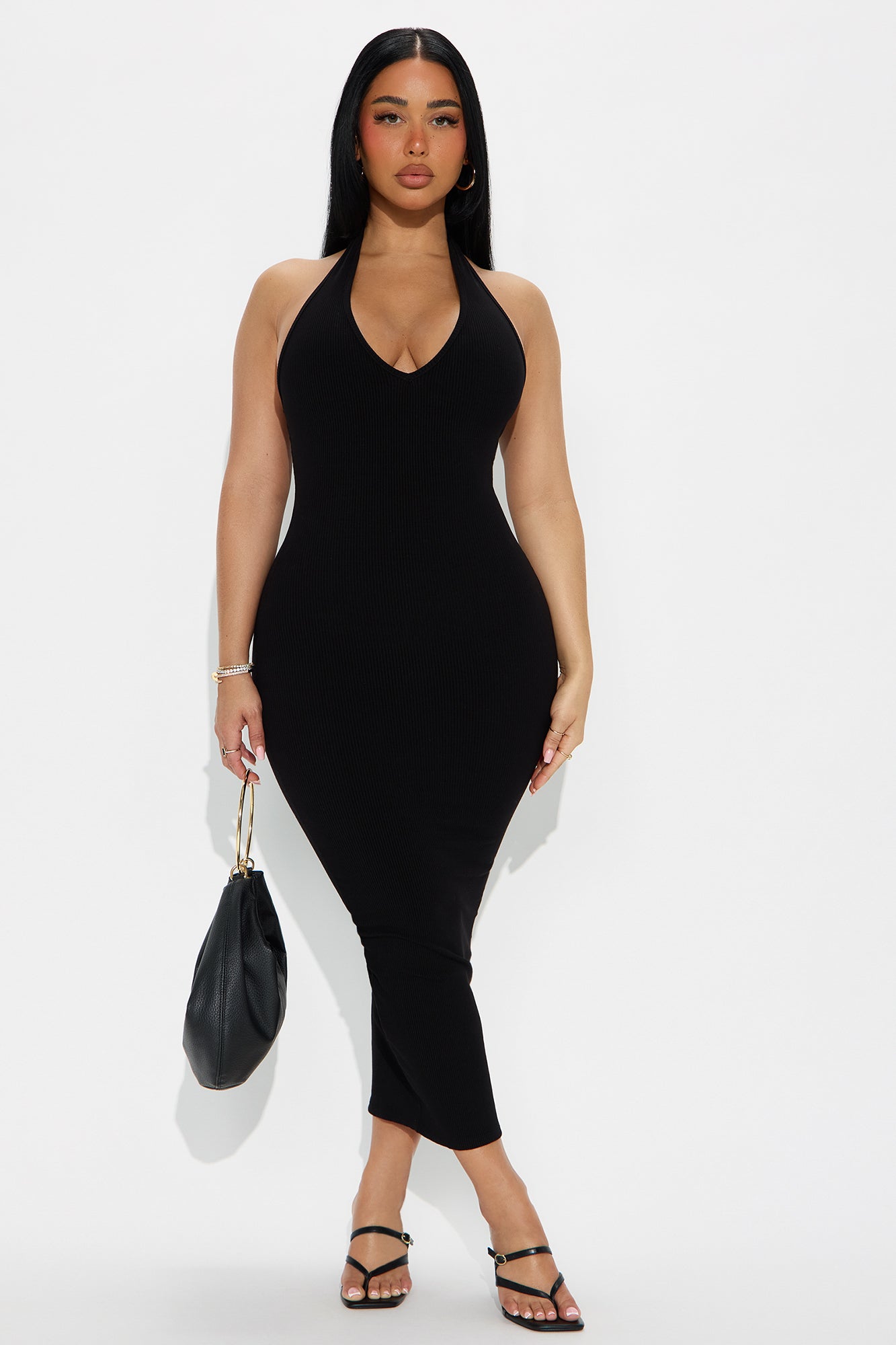 Celeste Snatched Halter Midi Dress - Black