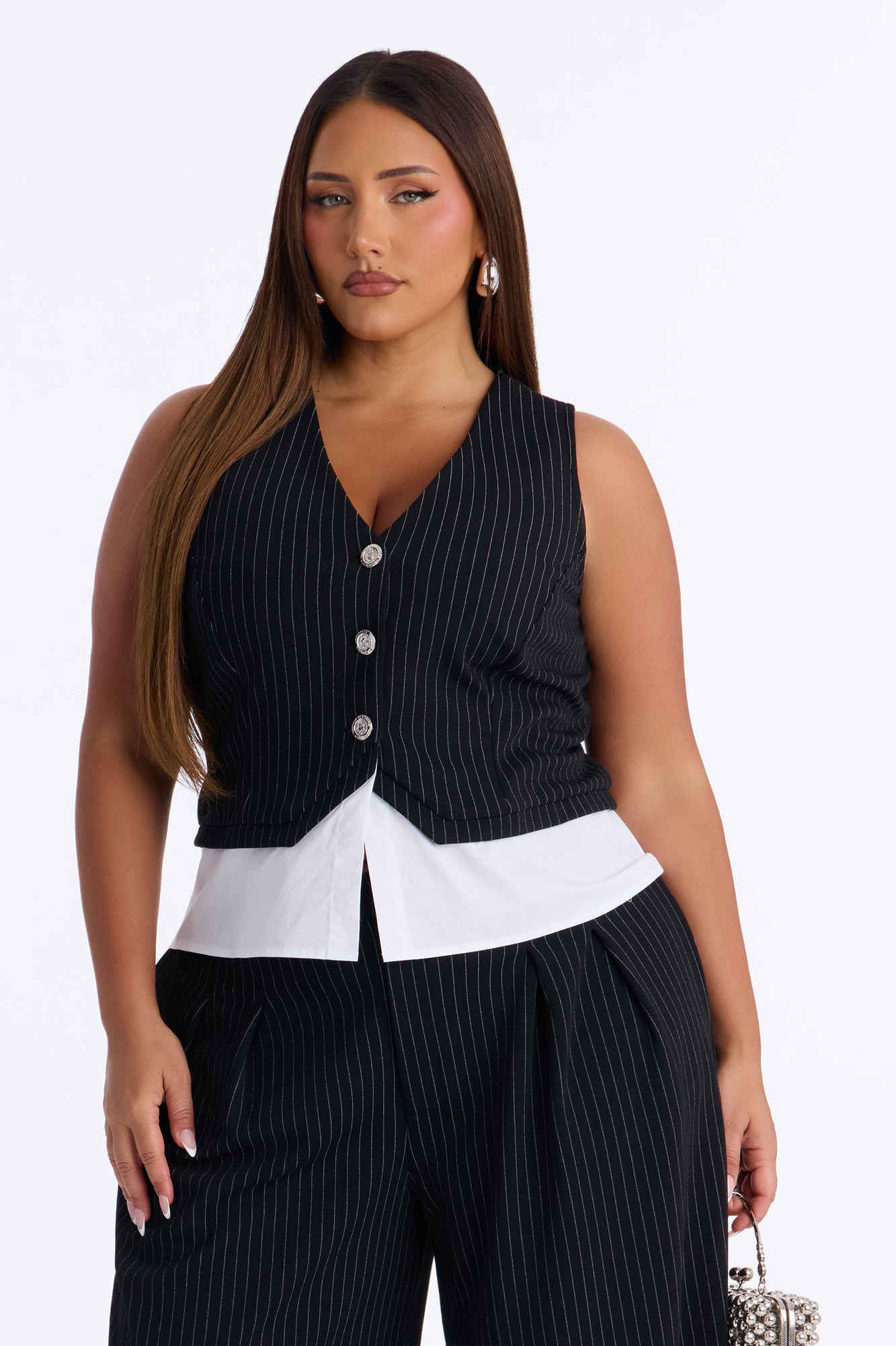 Prime Time Pinstripe Barrel Pant Set - Black