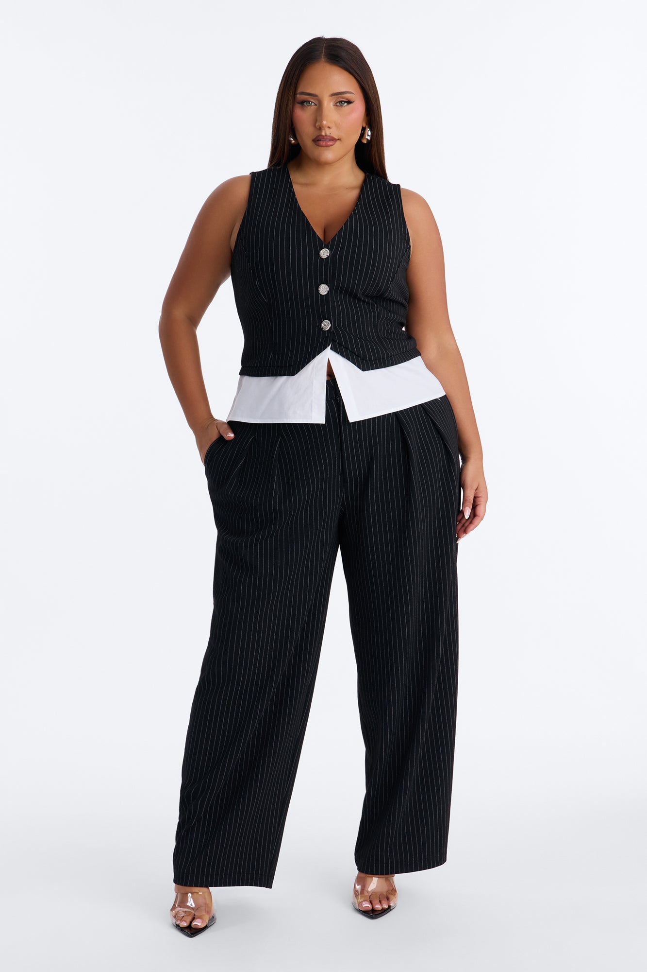 Prime Time Pinstripe Barrel Pant Set - Black