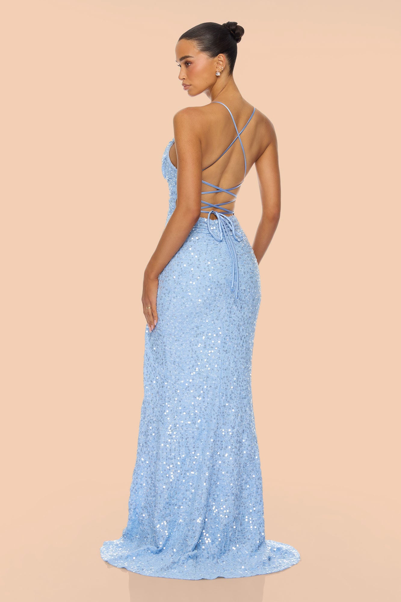 Pixie High Slit Sequin Gown - Light Blue